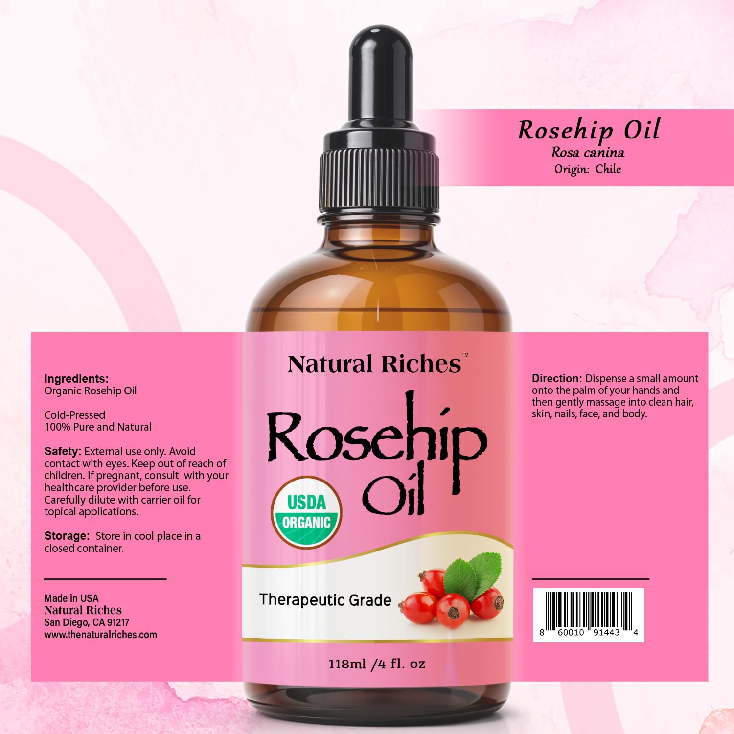 Natural Riches Organic Rosehip Seed Oil – 100% Pure, Cold-Pressed, 4 oz
