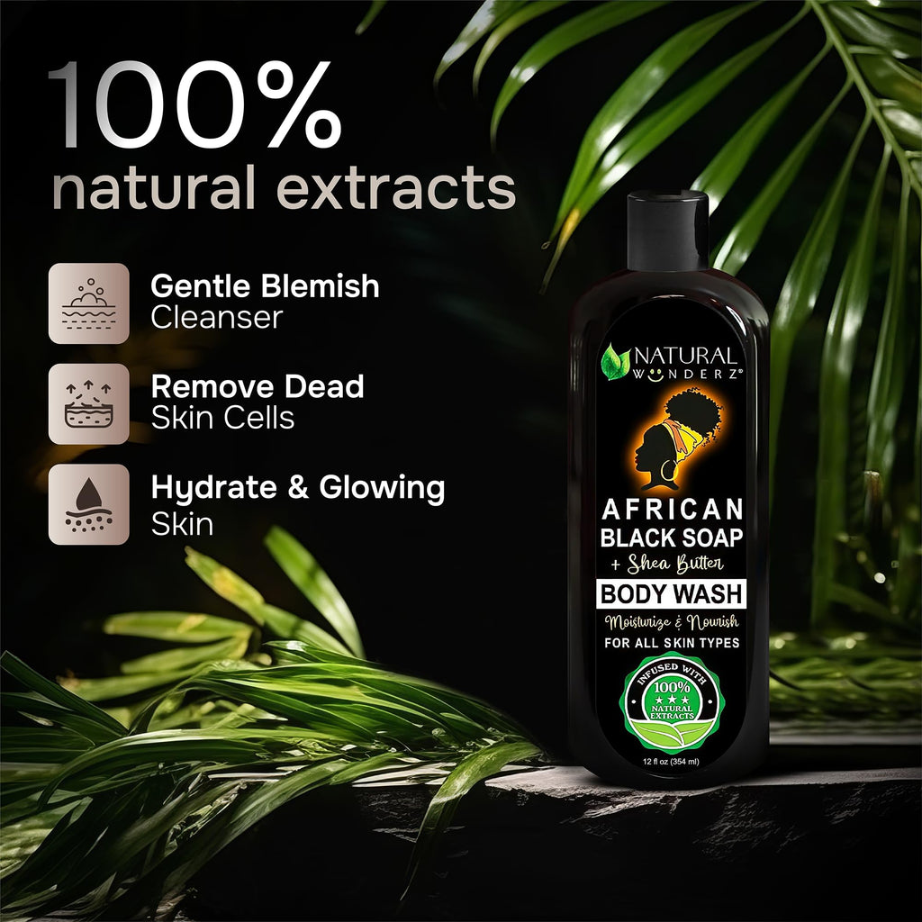 Natural Wunderz African Black Soap Body Wash 12 oz – Sulfate-Free Vegan Cleanser with Shea Butter