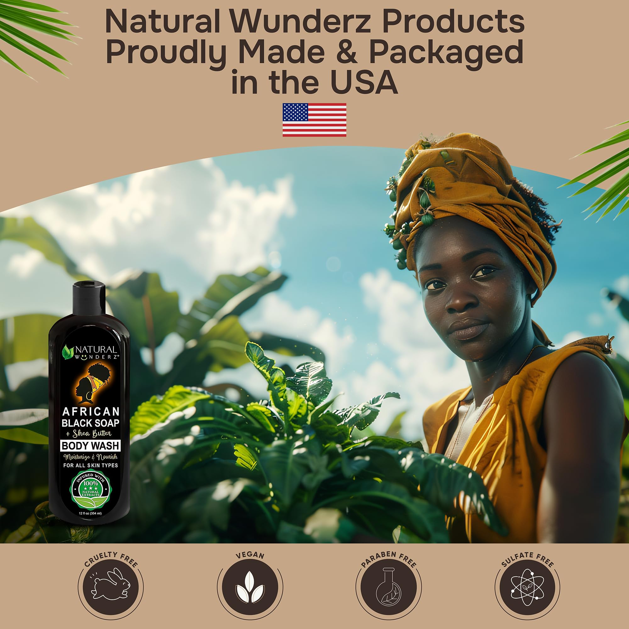 Natural Wunderz African Black Soap Body Wash 12 oz – Sulfate-Free Vegan Cleanser with Shea Butter