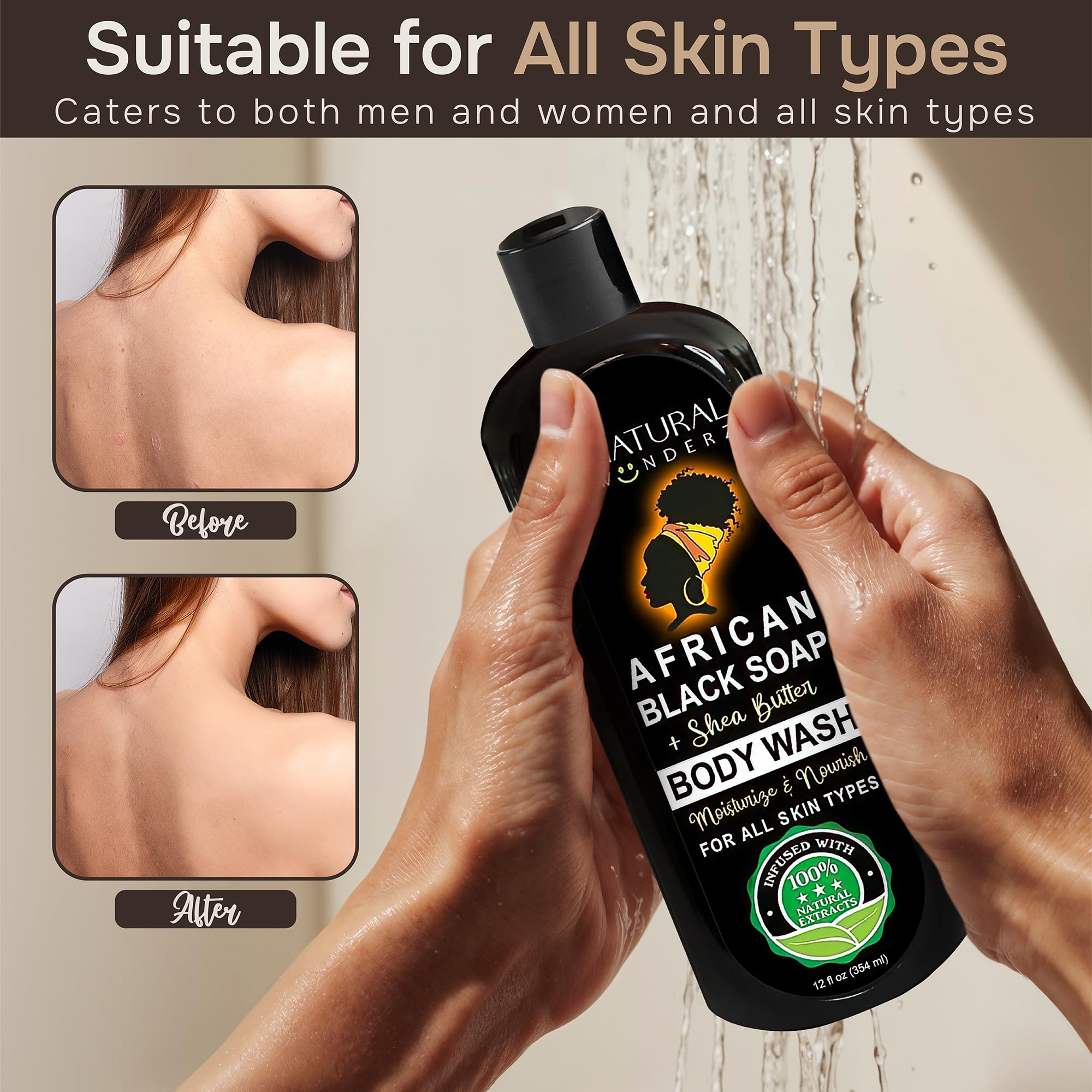 Natural Wunderz African Black Soap Body Wash 12 oz – Sulfate-Free Vegan Cleanser with Shea Butter