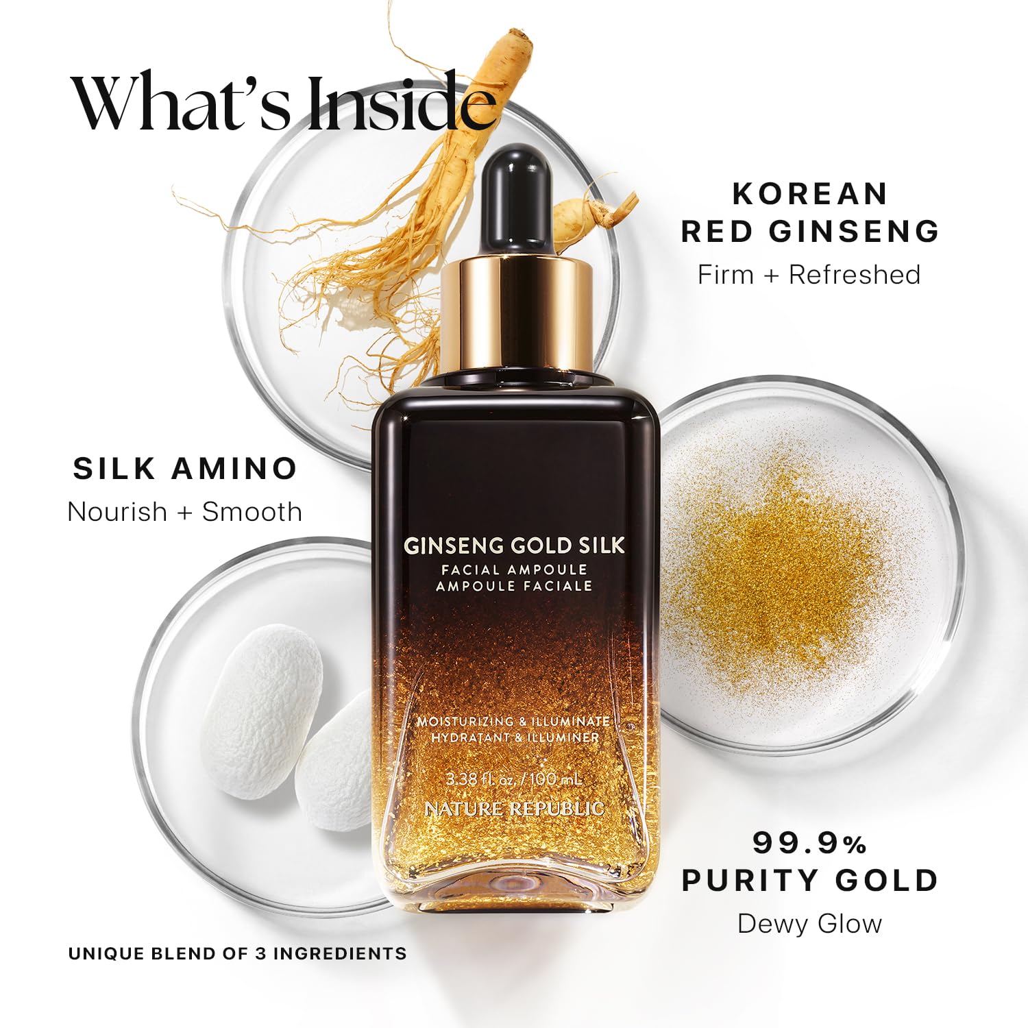 Nature Republic Ginseng Gold Silk Facial Ampoule – Hydrating Glow with Niacinamide & Silk Amino Acids, 100 ml