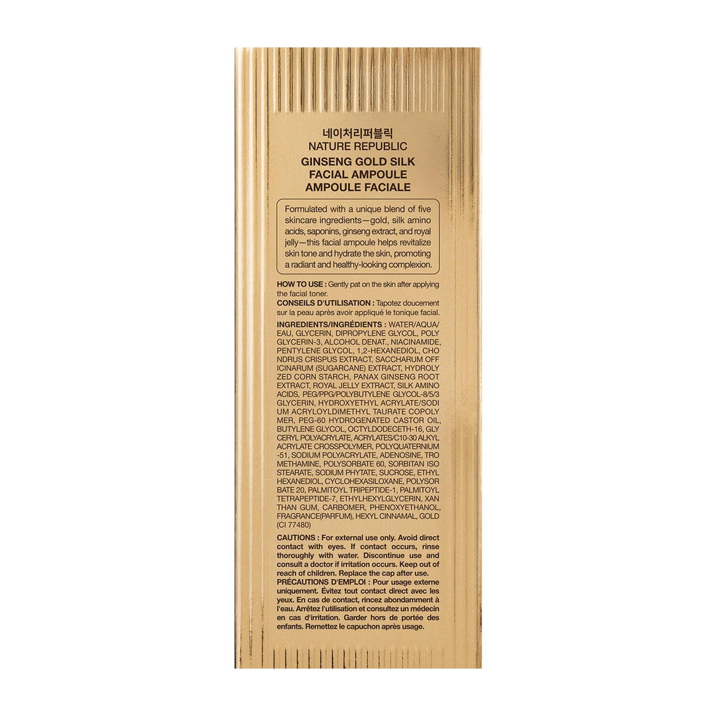 Nature Republic Ginseng Gold Silk Facial Ampoule – Hydrating Glow with Niacinamide & Silk Amino Acids, 100 ml