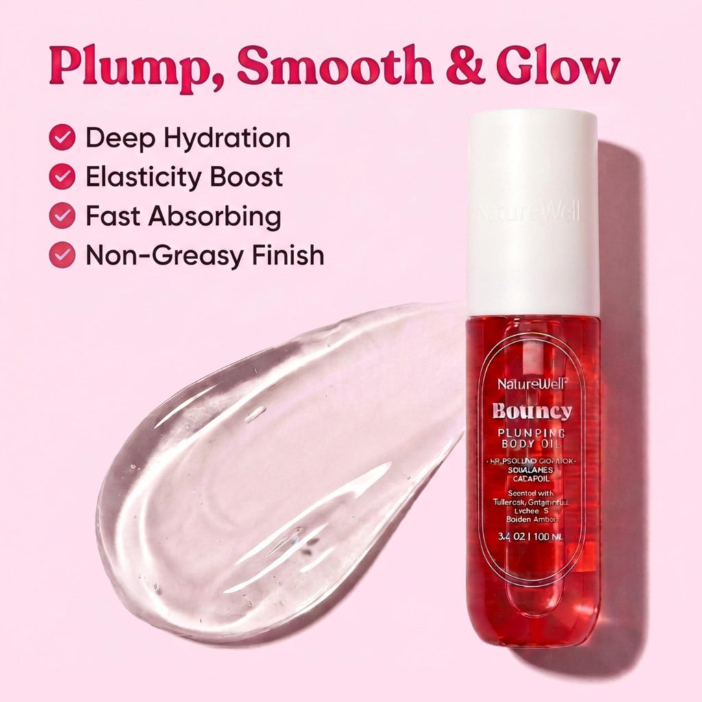 NATURE WELL Bouncy Plumping Body Oil – Fast-Absorbing Hydration for Elasticity and Bounce | 3.4 Oz