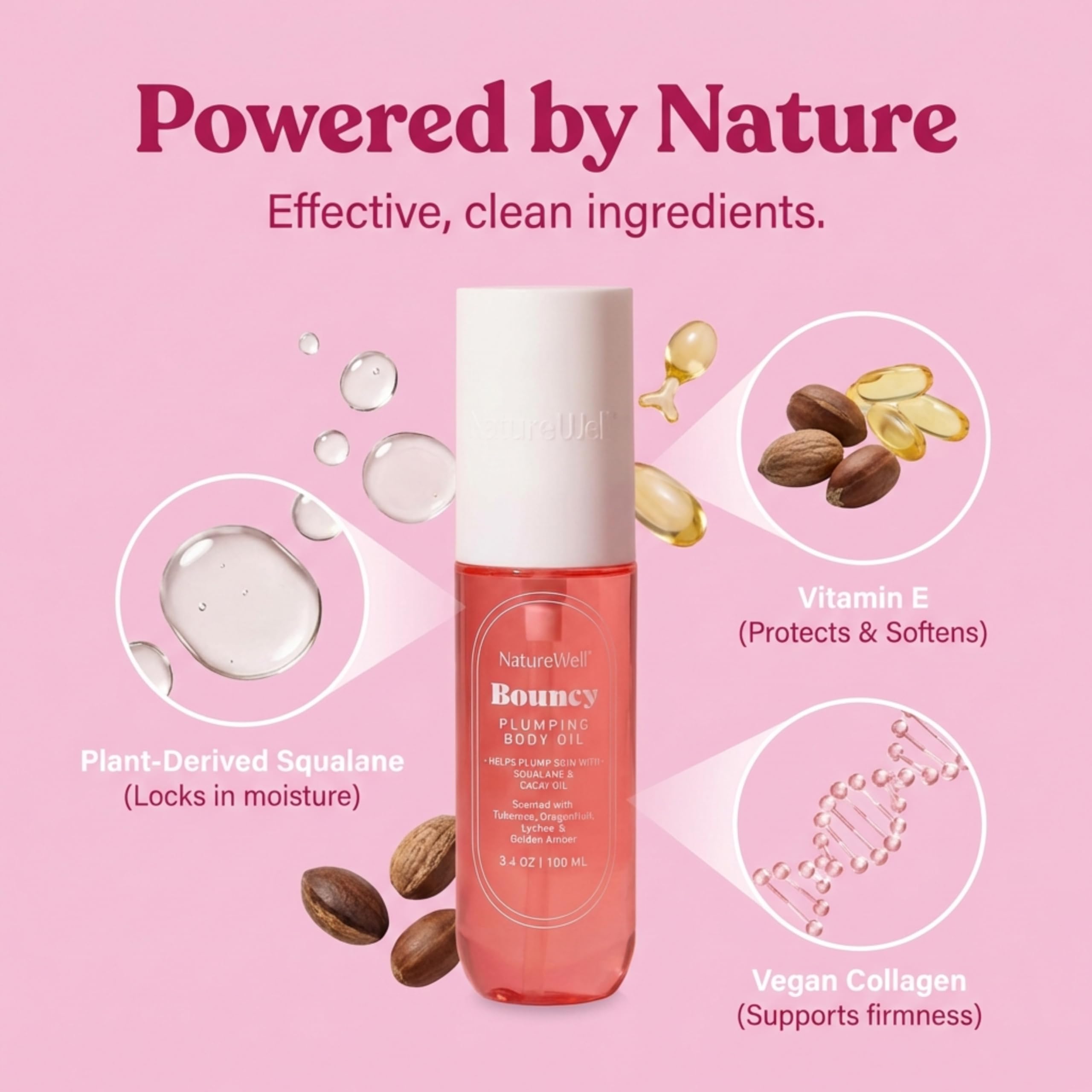 NATURE WELL Bouncy Plumping Body Oil – Fast-Absorbing Hydration for Elasticity and Bounce | 3.4 Oz