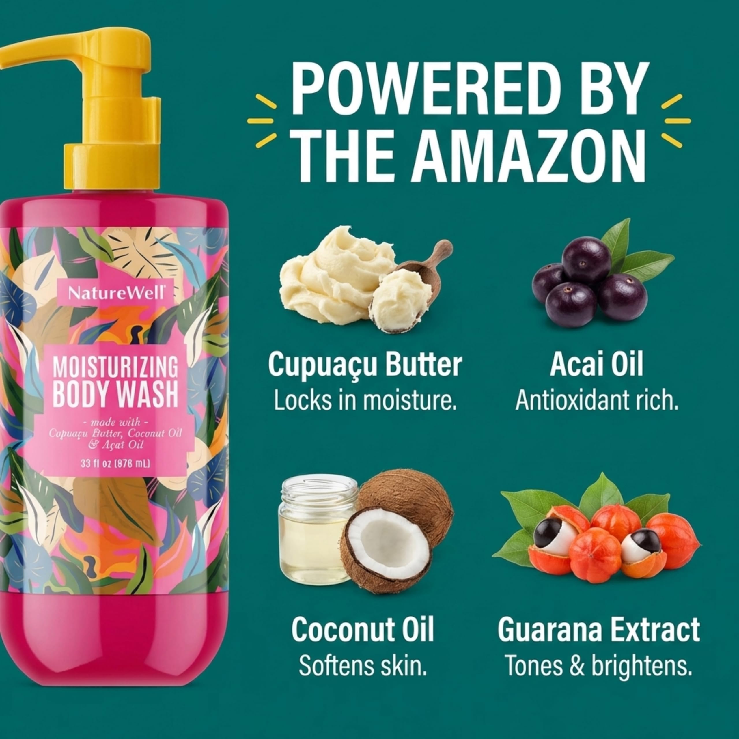 NATURE WELL Cheeky Moisturizing Body Wash | Cupuaçu Butter, Coconut Oil & Brazilian Nut Oil Scent, 33 oz