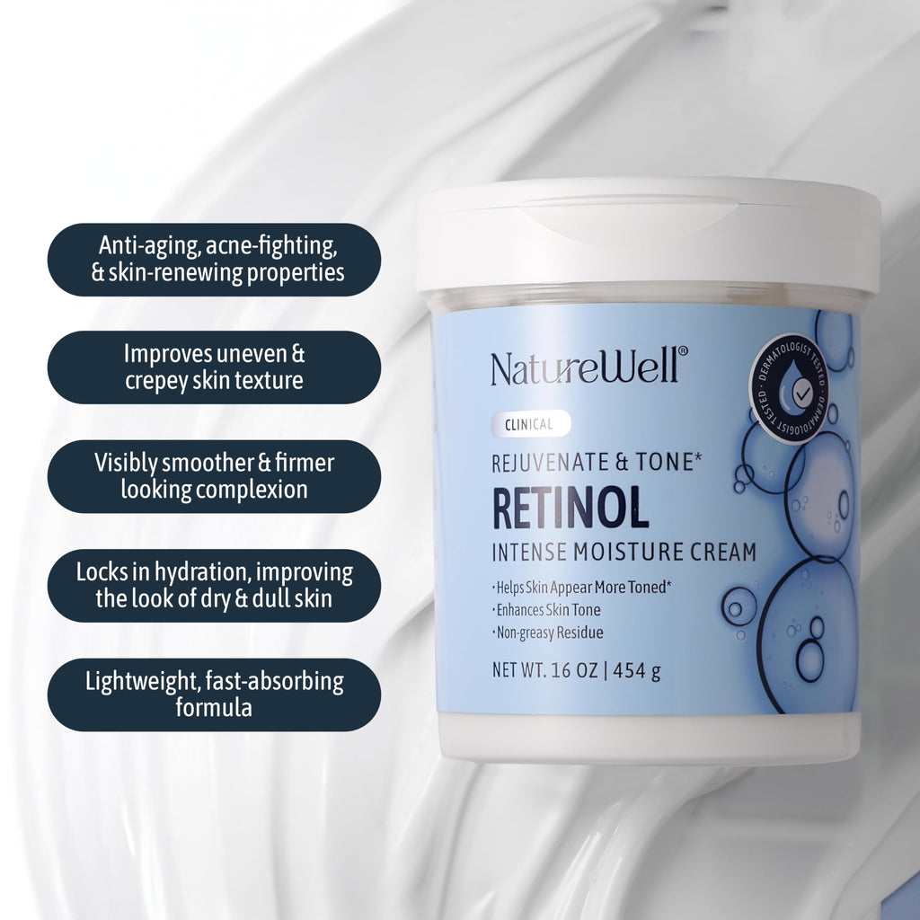 NATURE WELL Clinical Retinol Advanced Moisture Cream for Face, Body & Hands — 10 oz, Non-Greasy Hydration