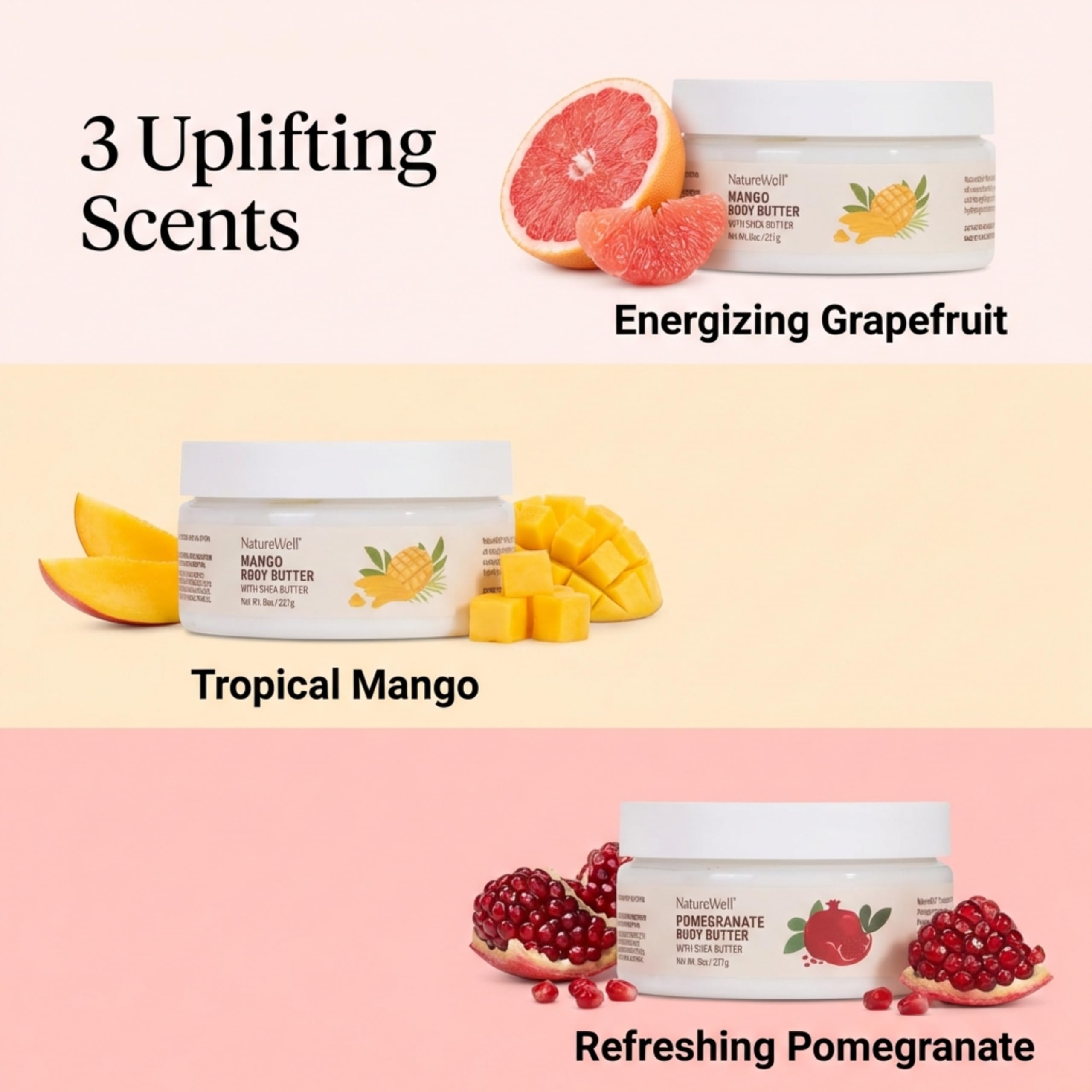 NATURE WELL Shea Body Butter Variety Pack — Grapefruit, Mango & Pomegranate, 3-Pack (8 oz Each)