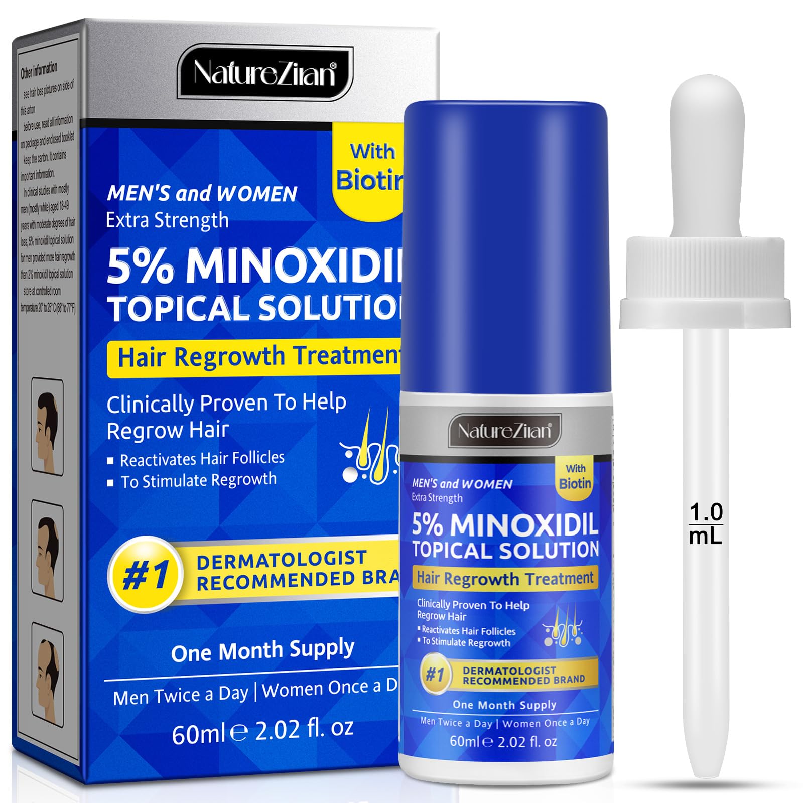 Nature Ziran Minoxidil 5% Extra Strength Hair Regrowth for Men & Women – Dropper Applicator Included