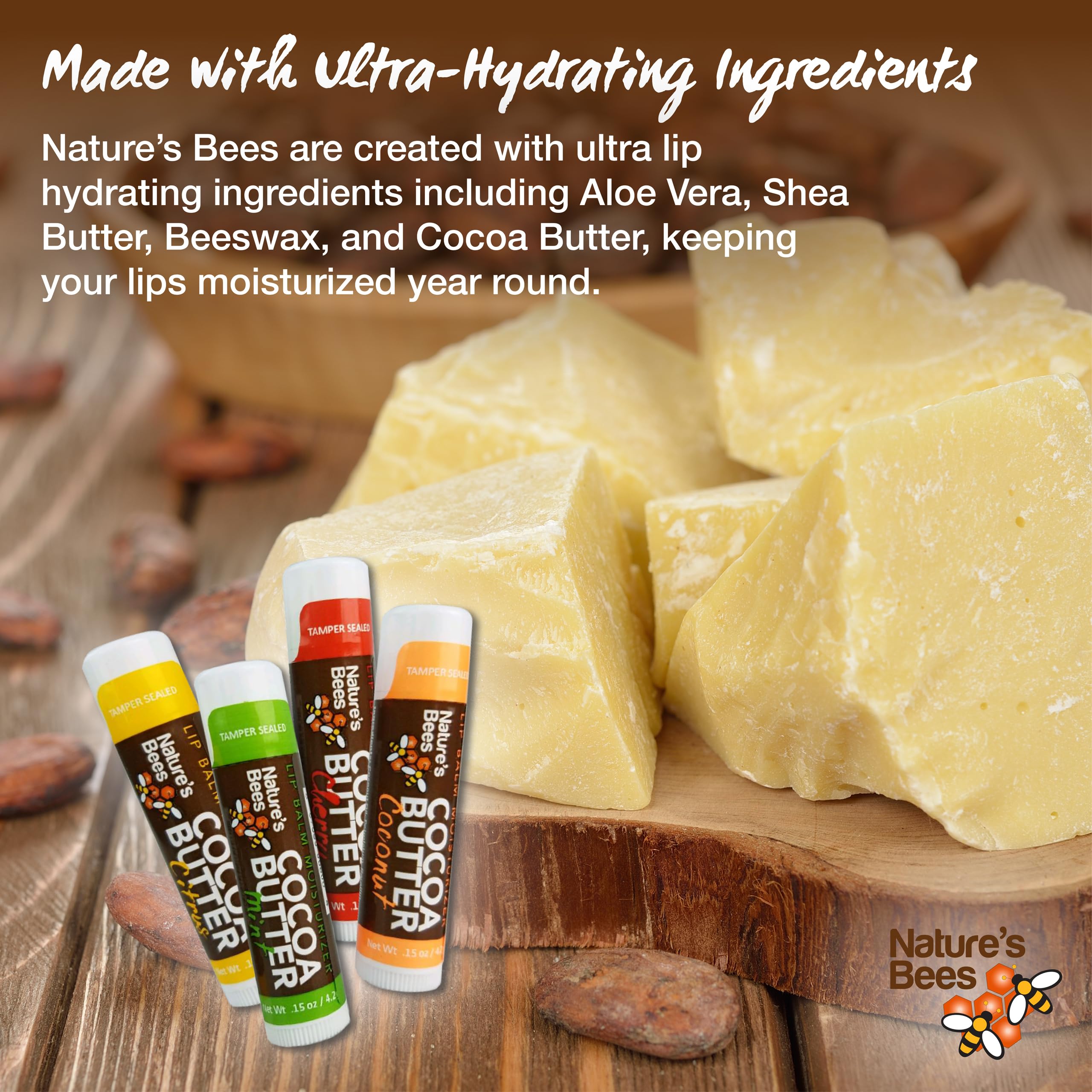 Nature’s Bees Cocoa Butter Lip Balm – Shea Butter Flavor, 24-Pack | Hydrating Lip Care, USA Made, Packaging May Vary