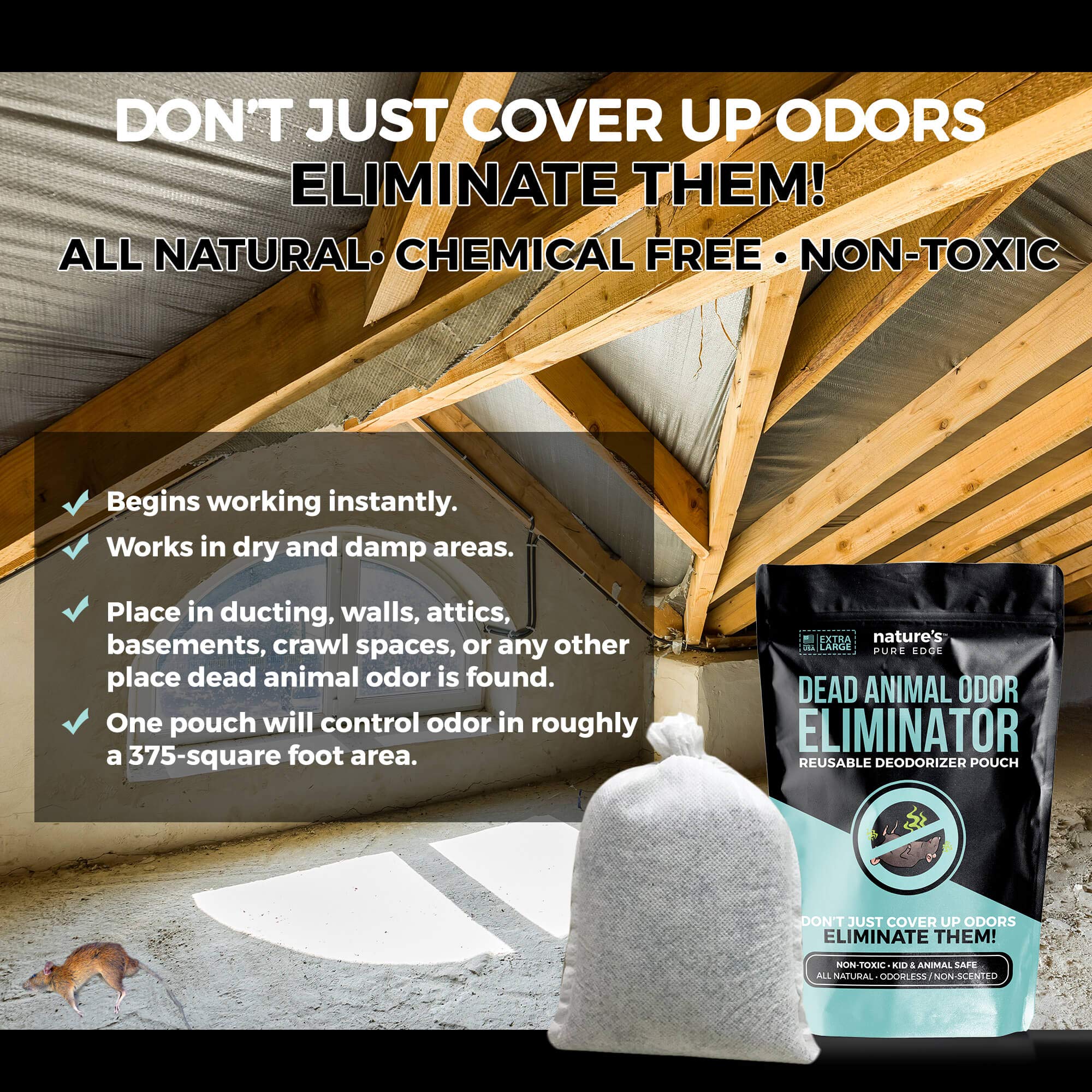 Nature's Pure Edge Dead Animal Smell Eliminator Pouch – Fragrance-Free Charcoal Odor Absorber (XL, 375 sq ft)