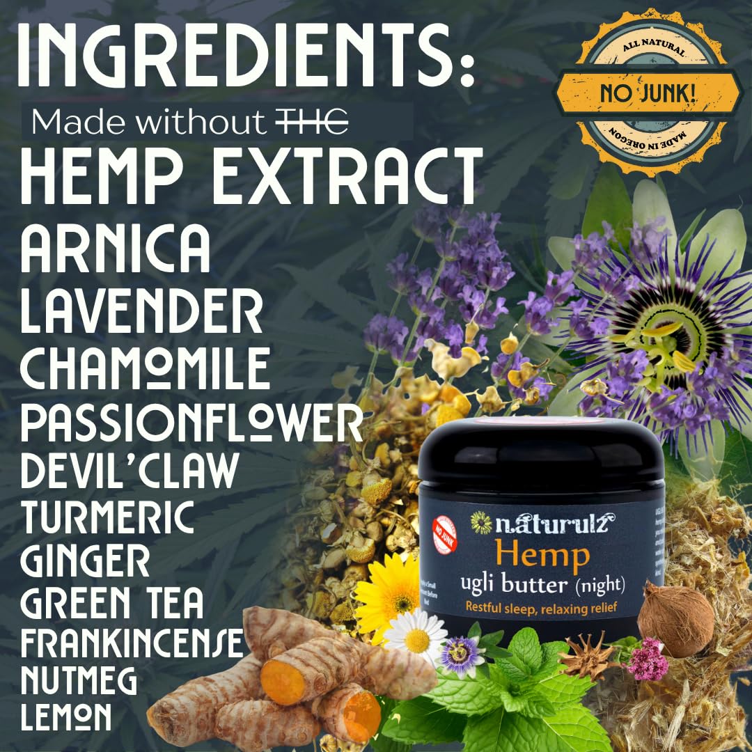 Naturulz Ugli Butter Hemp Night Cream 4oz — Calming Night Topical with Lavender, Chamomile & Passionflower (Melatonin-Free)
