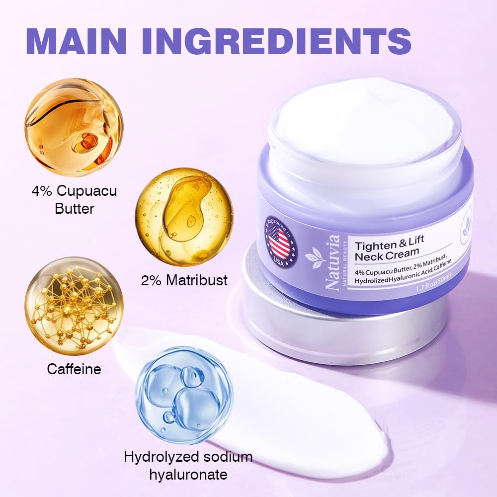 Natuvia Tighten & Lift Neck Cream – Firming Neck Moisturizer with Hyaluronic Acid, Cupuacu Butter, and Caffeine | Women & Men