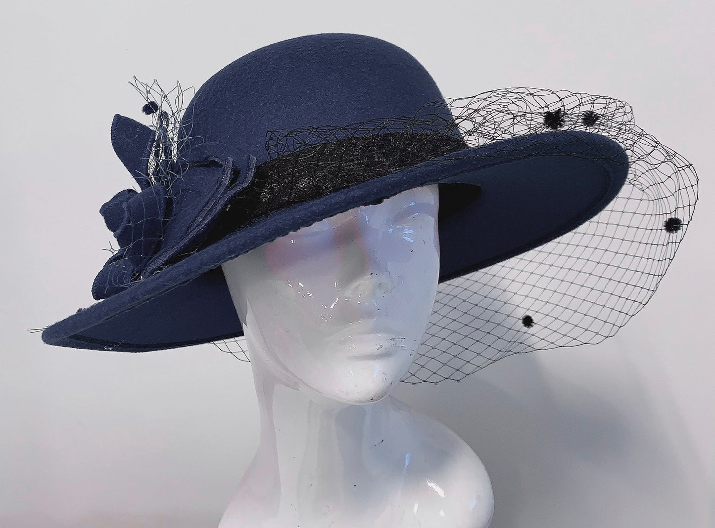 Large Wool Mix Brim Fedora with Hat Veil Hatinator Fascinator - Navy Blue