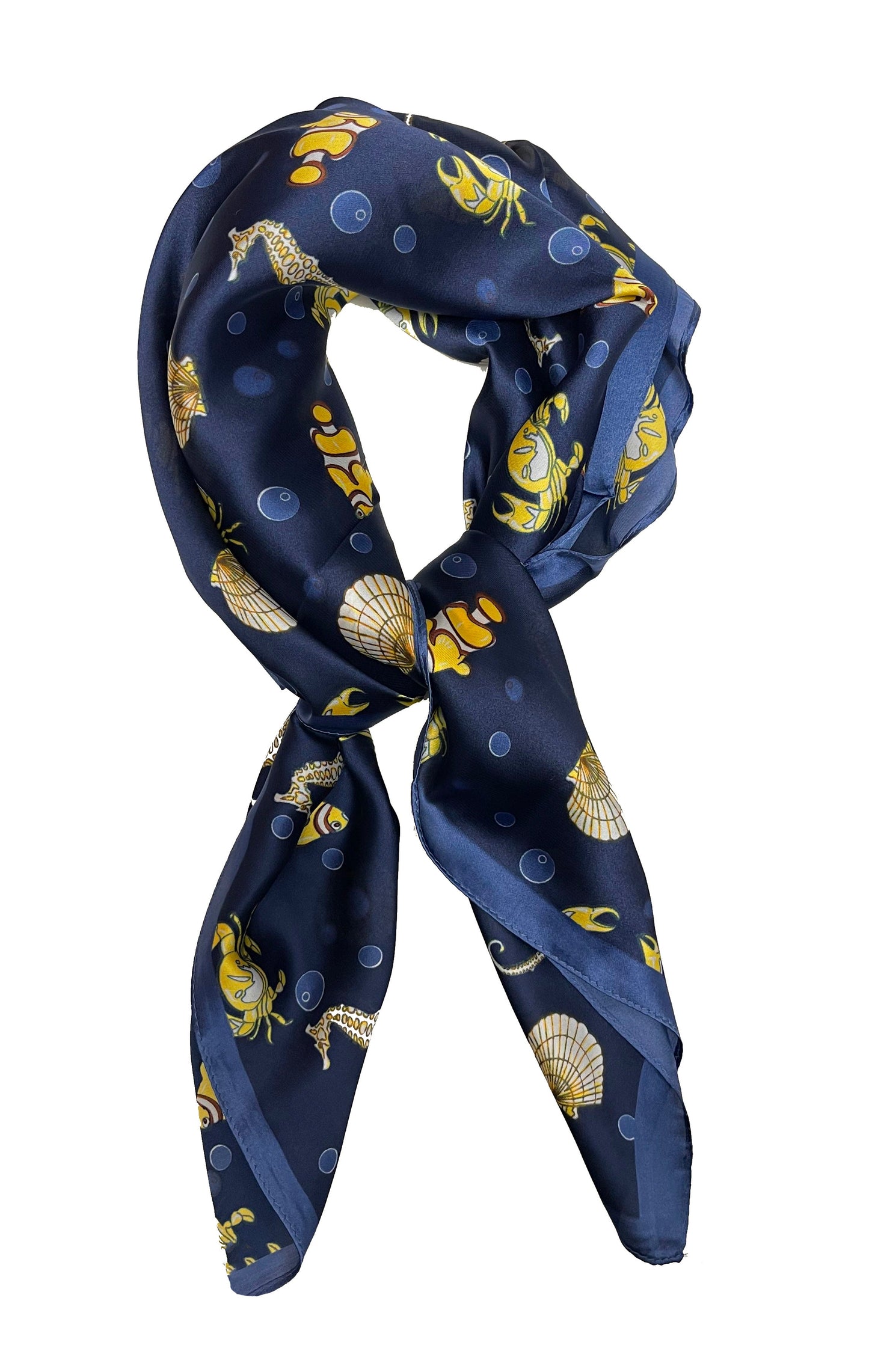 70cm x 70cm Fish, Shell, Carb, Seahorse Navy Pattern Square Scarf Big Ladies Women Faux Silk Head Neck Thin Bag Charm