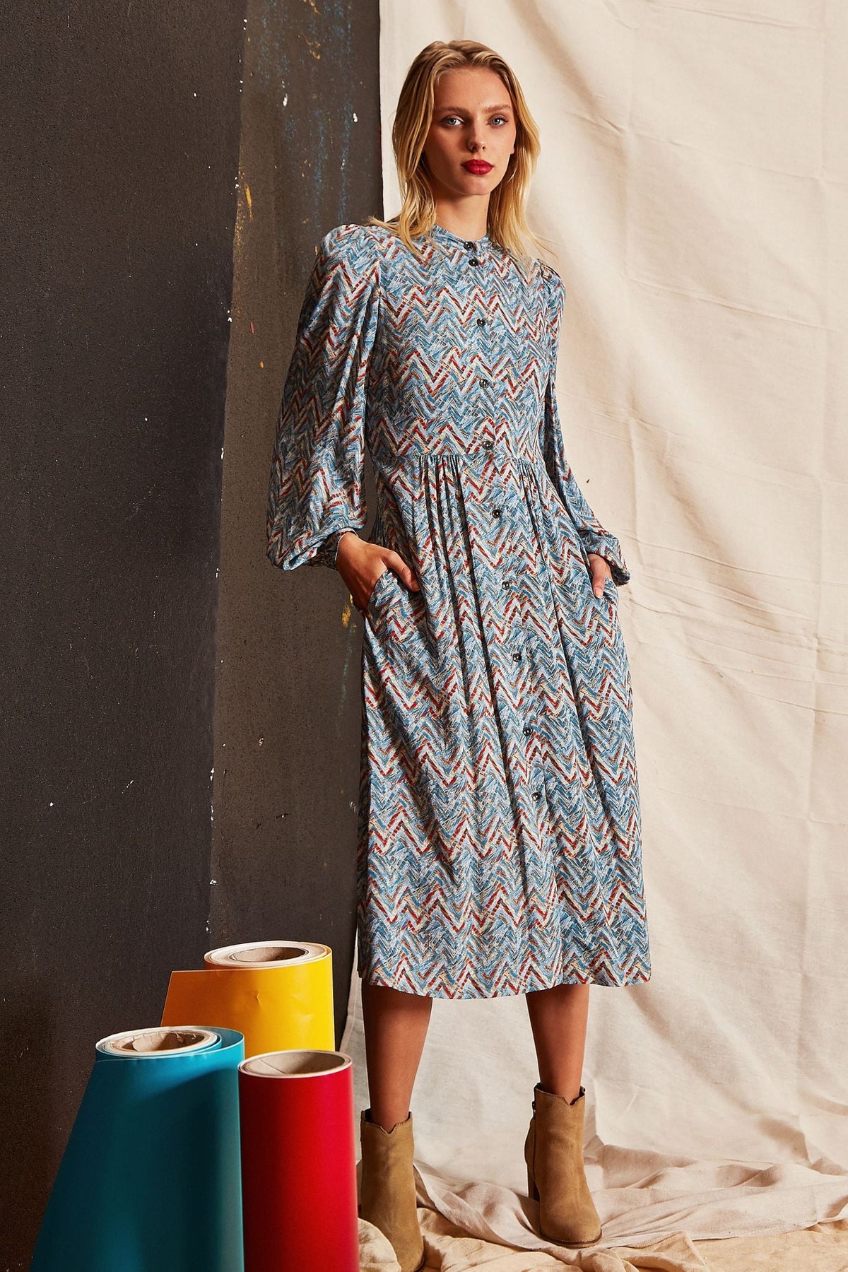 Nayma Art Attack Print Long Sleeve Midi Dress - Duck Egg