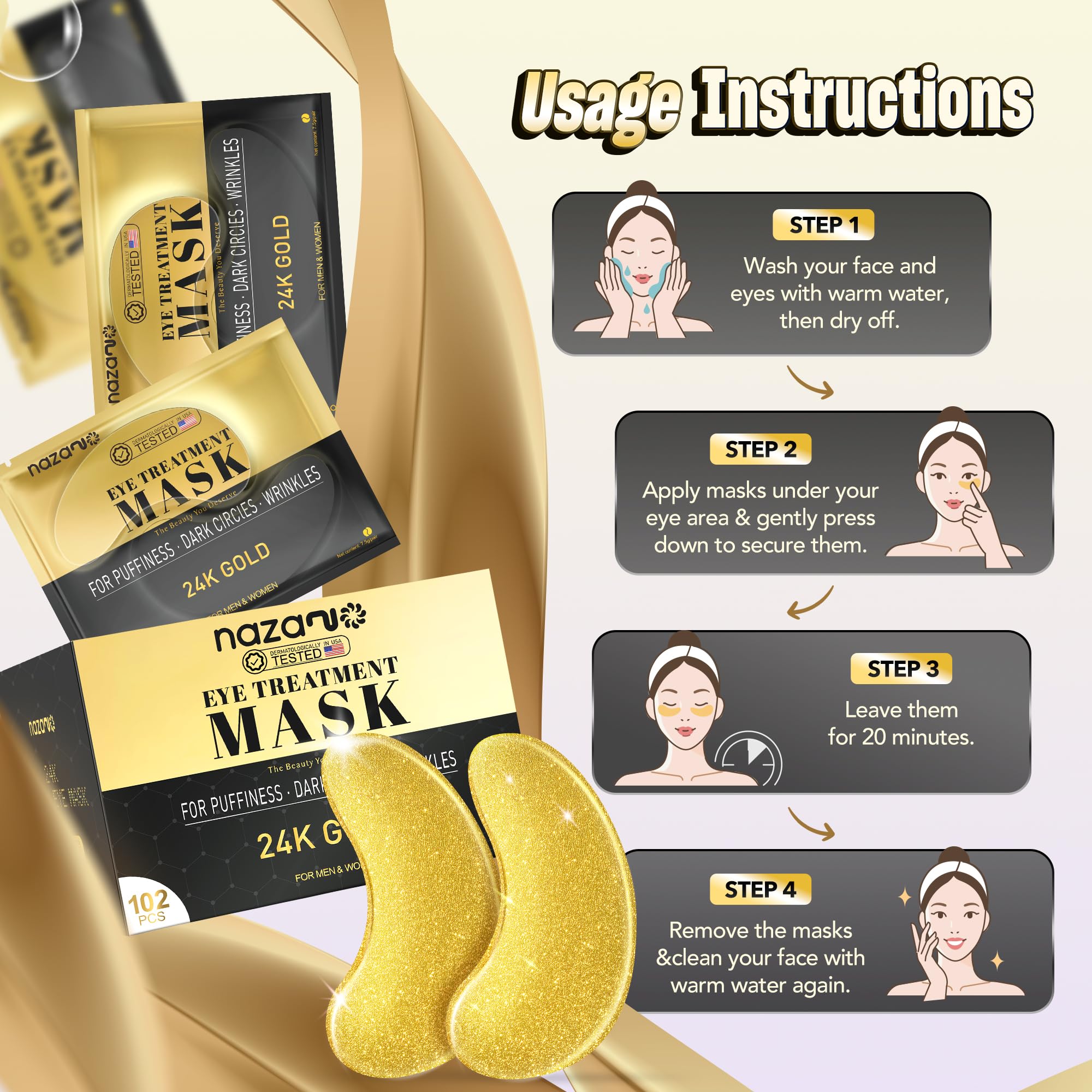 NAZANO 102 Pcs 24K Gold Under Eye Patches with Hyaluronic Acid – Hydrating Eye Care Pads