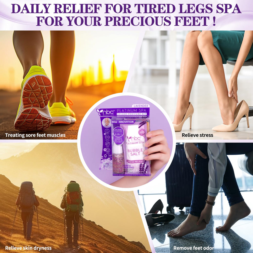 NBC BeautiLab Pedicure Kit Foot Spa Set – Lavender 6-Piece Foot Care: Bubble Salt, Sugar Scrub, Massage Mask & Lotion