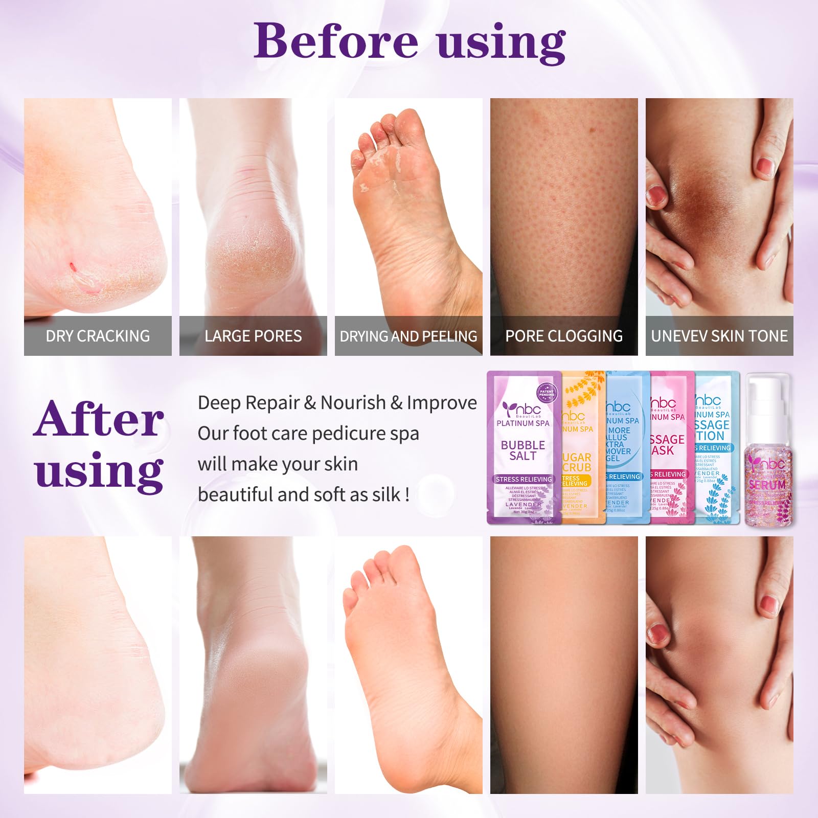 NBC BeautiLab Pedicure Kit Foot Spa Set – Lavender 6-Piece Foot Care: Bubble Salt, Sugar Scrub, Massage Mask & Lotion