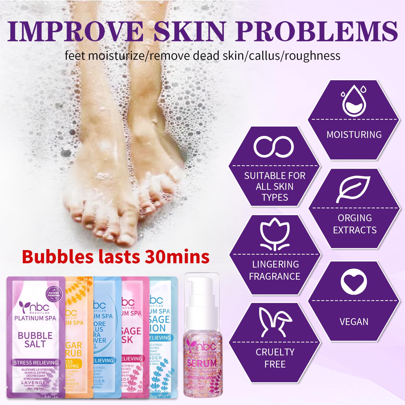NBC BeautiLab Pedicure Kit Foot Spa Set – Lavender 6-Piece Foot Care: Bubble Salt, Sugar Scrub, Massage Mask & Lotion