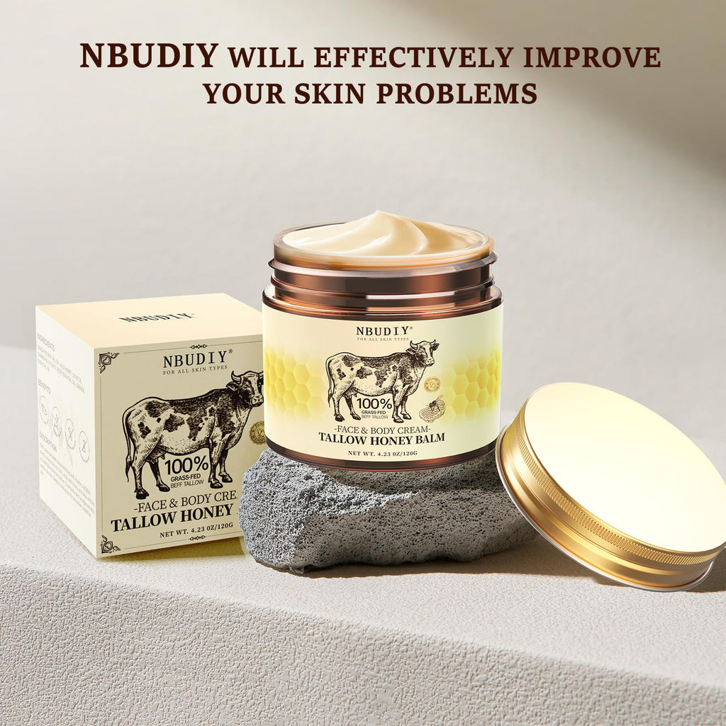 NBUDIY Beef Tallow Face Moisturizer | Fragrance-Free, Grass-Fed Tallow & Honey Balm, 4.23 oz