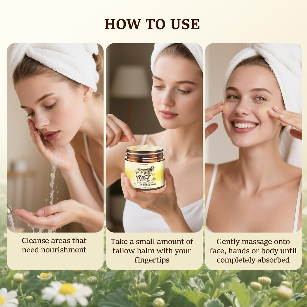 NBUDIY Beef Tallow Face Moisturizer | Fragrance-Free, Grass-Fed Tallow & Honey Balm, 4.23 oz
