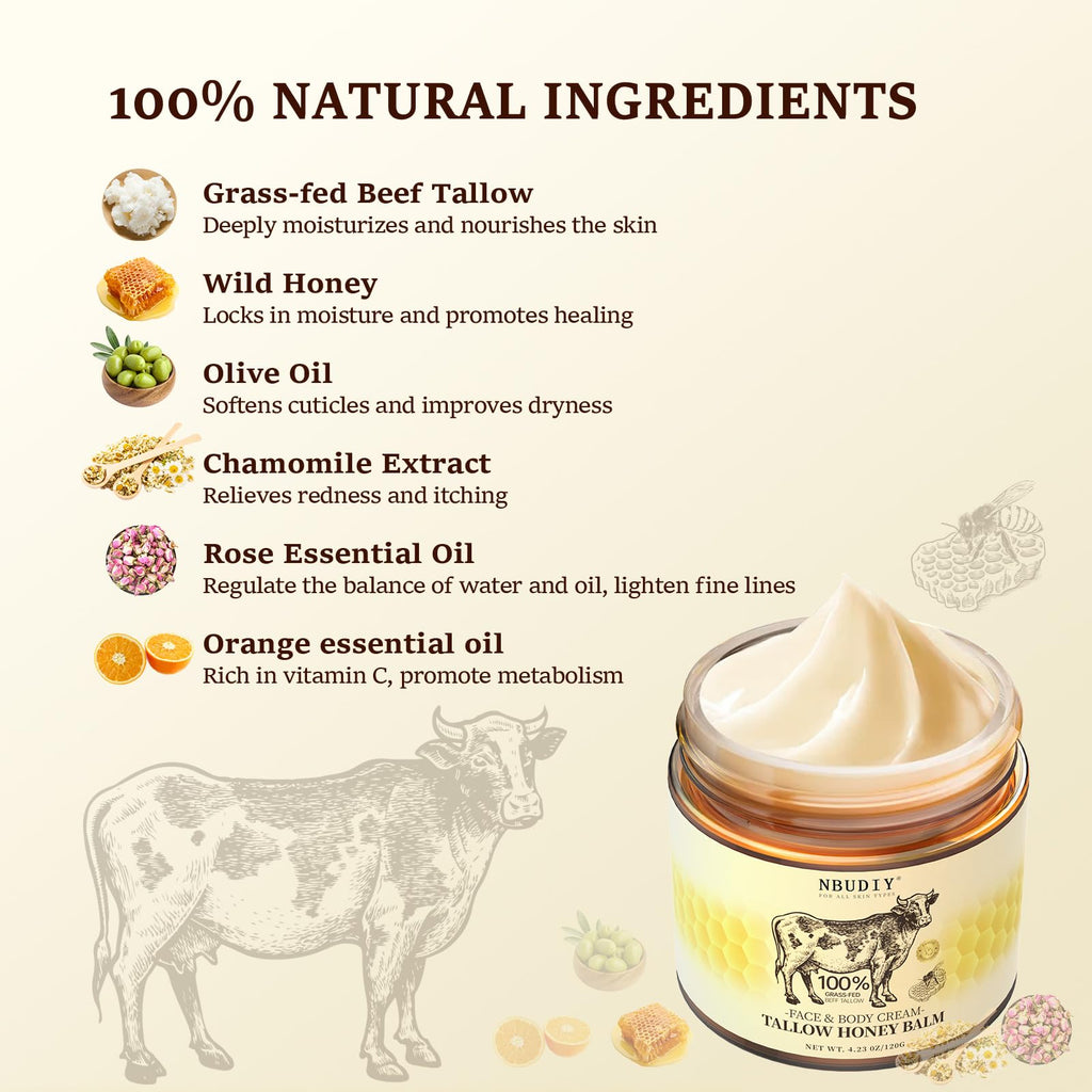 NBUDIY Beef Tallow Face Moisturizer | Fragrance-Free, Grass-Fed Tallow & Honey Balm, 4.23 oz