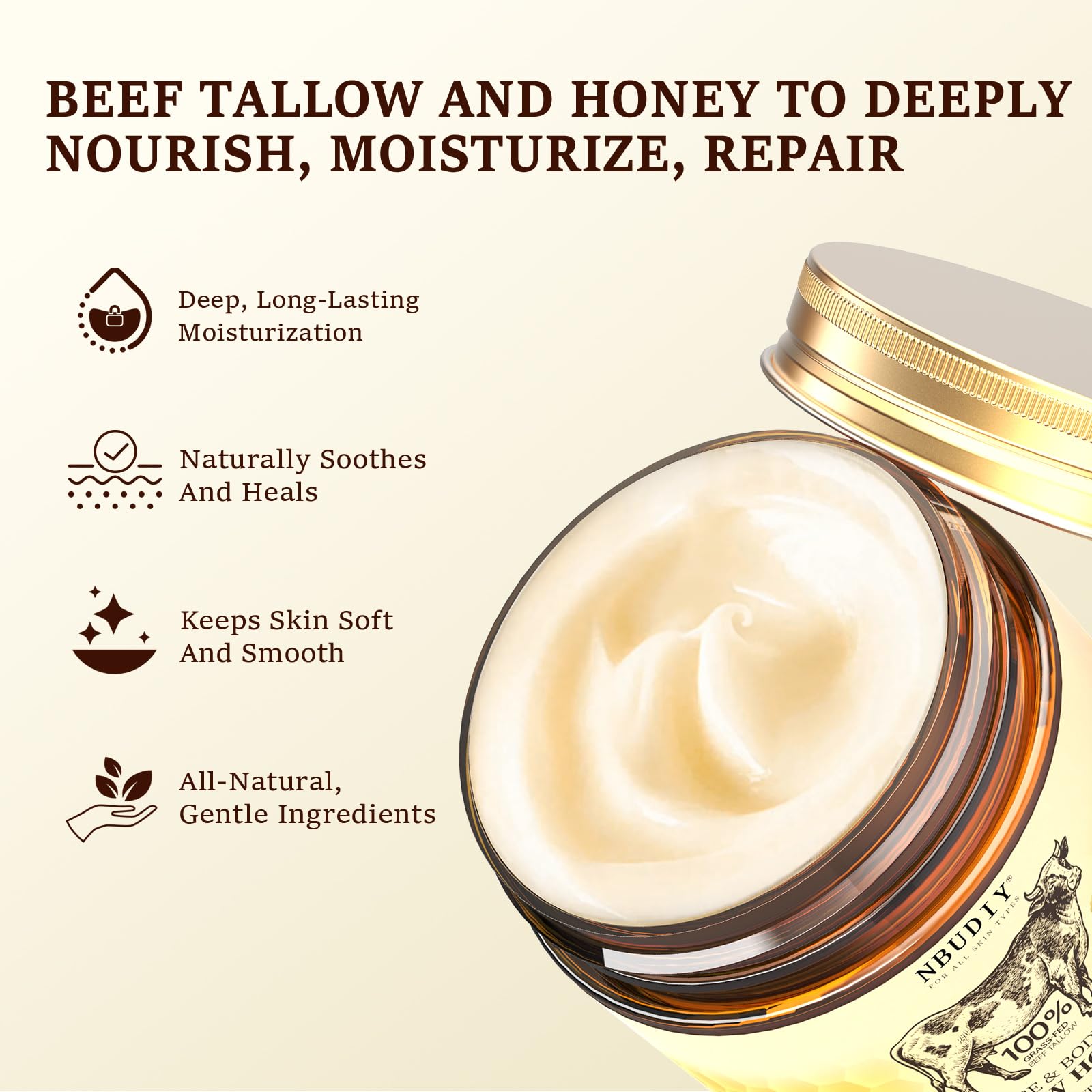 NBUDIY Beef Tallow Face Moisturizer | Fragrance-Free, Grass-Fed Tallow & Honey Balm, 4.23 oz