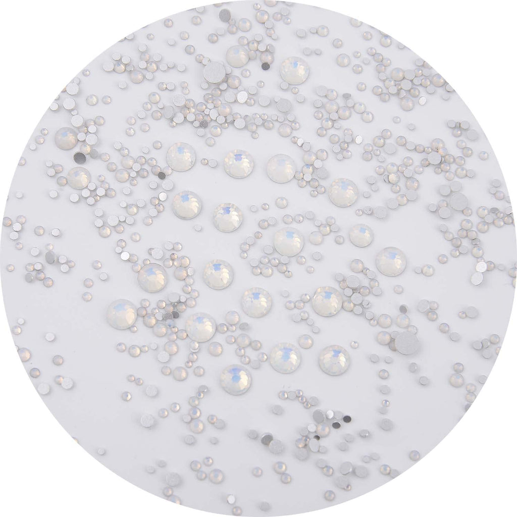 NCB 8000pcs Non Hotfix Rhinestones – 10 Sizes Flatback Glass Crystals with Tweezers & Pen (White Opal Mix SS3-SS30)