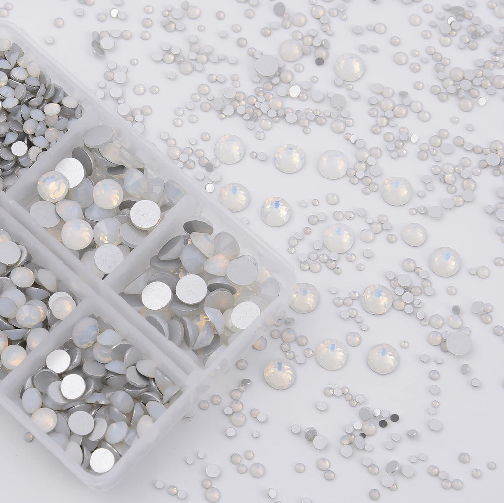 NCB 8000pcs Non Hotfix Rhinestones – 10 Sizes Flatback Glass Crystals with Tweezers & Pen (White Opal Mix SS3-SS30)