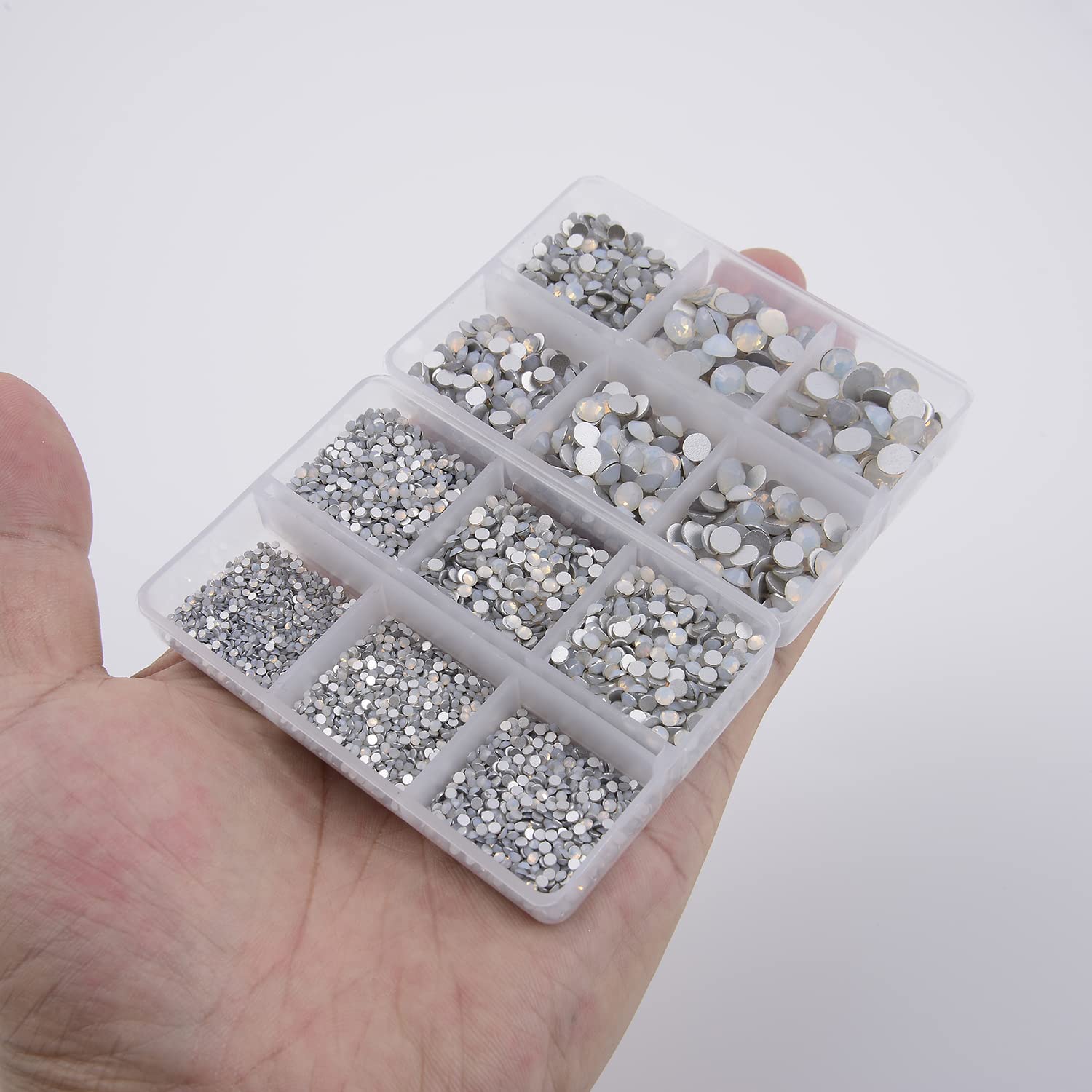 NCB 8000pcs Non Hotfix Rhinestones – 10 Sizes Flatback Glass Crystals with Tweezers & Pen (White Opal Mix SS3-SS30)