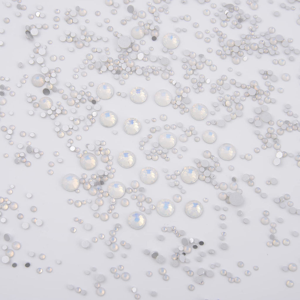 NCB 8000pcs Non Hotfix Rhinestones – 10 Sizes Flatback Glass Crystals with Tweezers & Pen (White Opal Mix SS3-SS30)