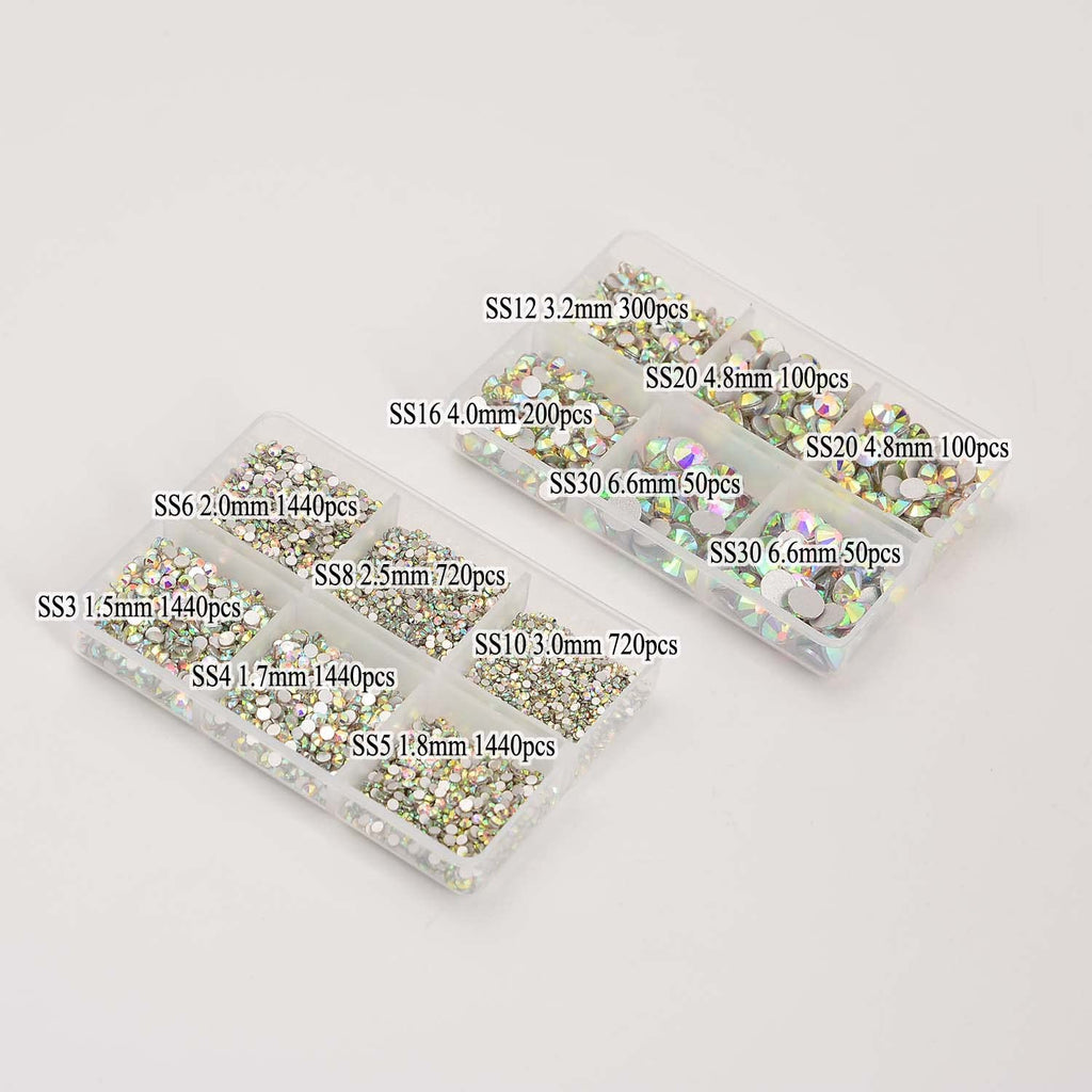 NCB 8000pcs Non-Hotfix Rhinestones – Glass Crystal Flatback, 10 Sizes SS3-SS30 + Tweezers & Picking Pen