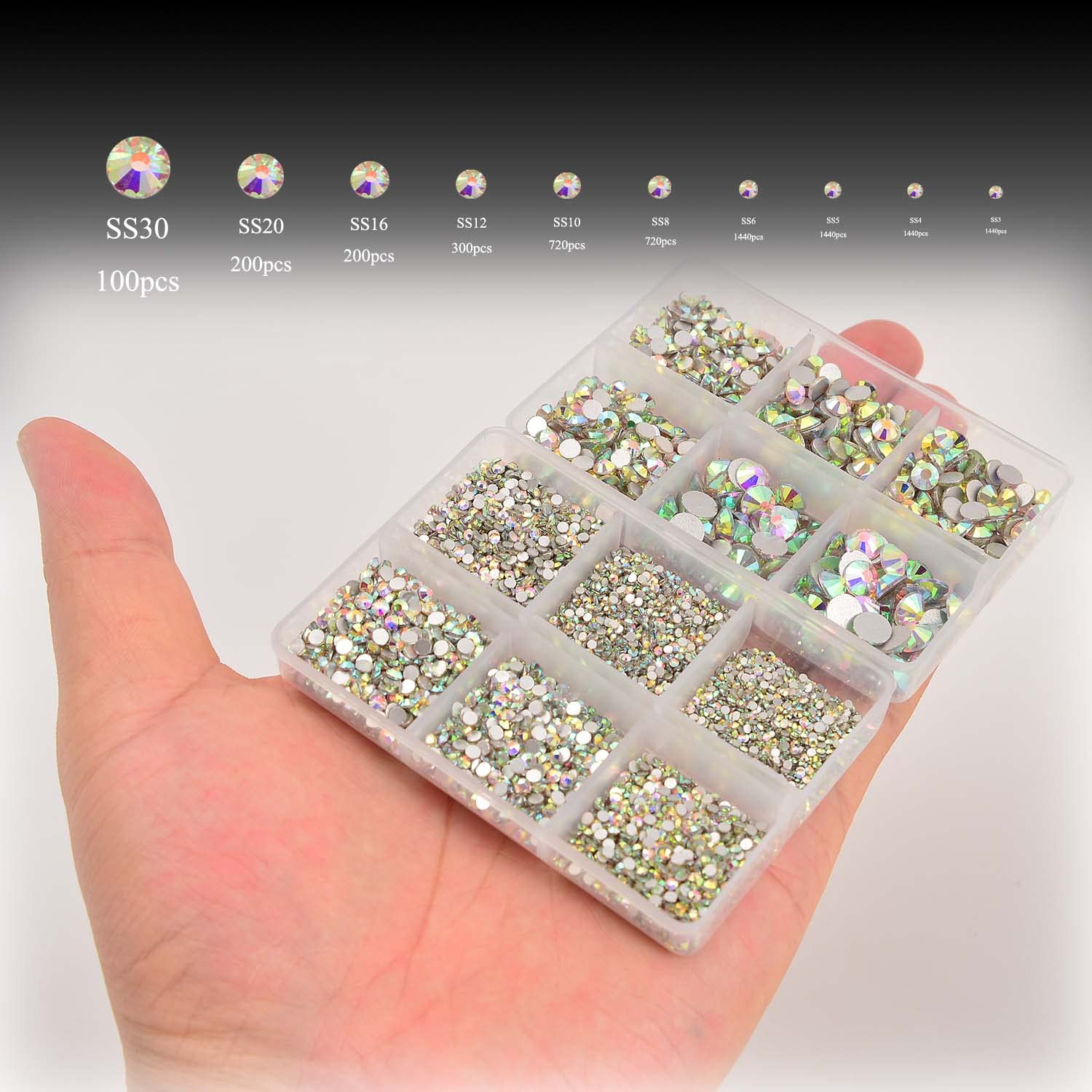 NCB 8000pcs Non-Hotfix Rhinestones – Glass Crystal Flatback, 10 Sizes SS3-SS30 + Tweezers & Picking Pen
