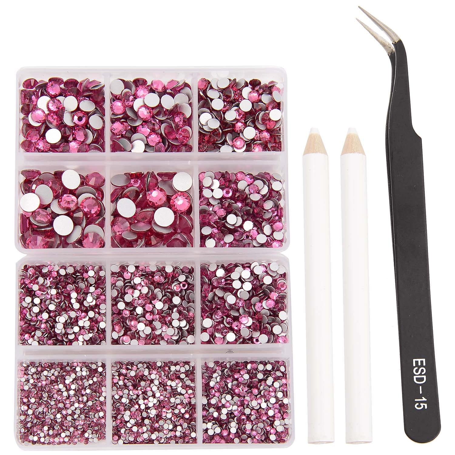 NCB 8000pcs Non Hotfix Rhinestones – 10 Sizes Glass Crystal Gems for Nail Art & DIY (Rose Mix SS3-SS30)