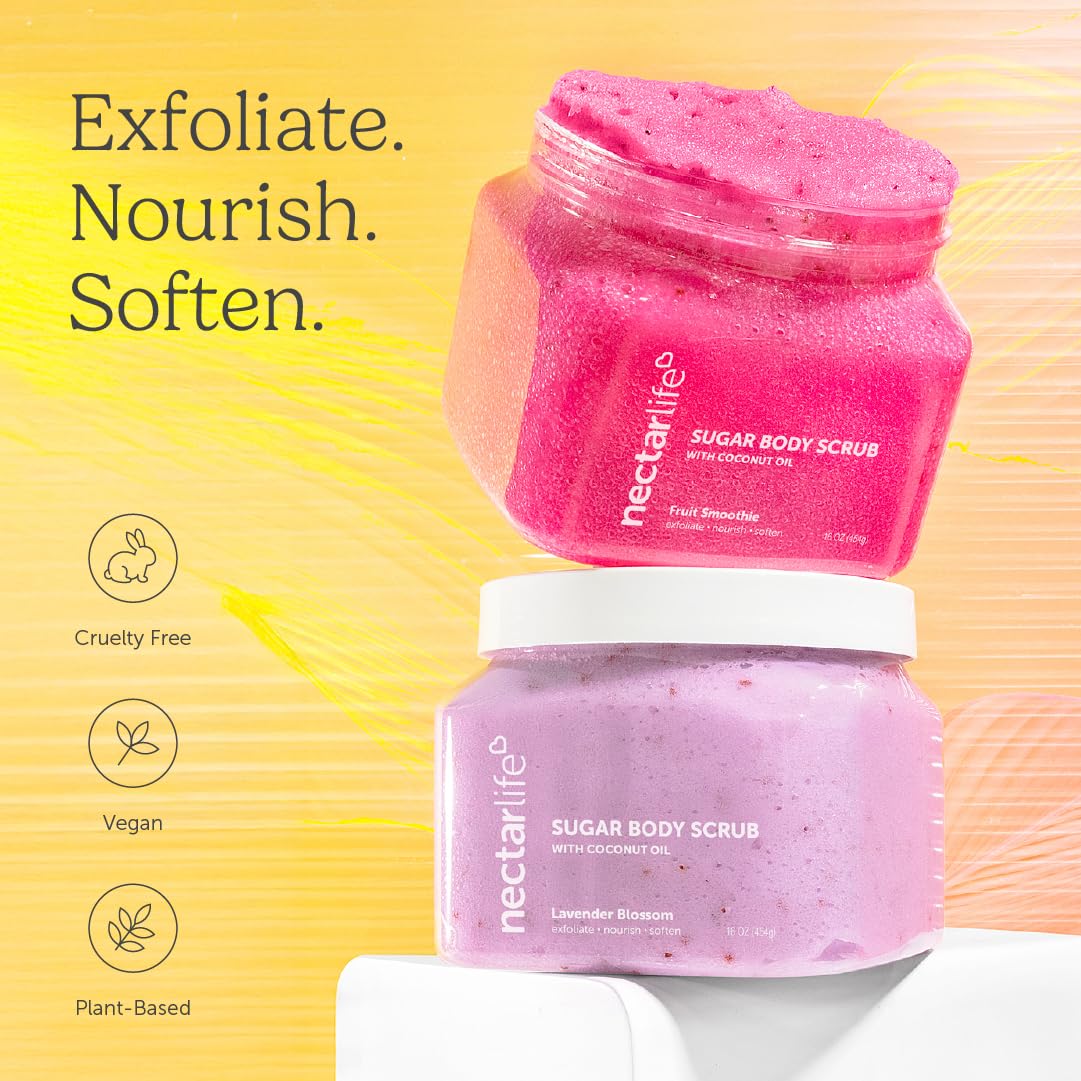 Nectar Life Exfoliating Sugar Scrub – Hydrating Body Scrub with Coconut Oil & Shea Butter (16 oz) | Vegan & Cruelty-Free