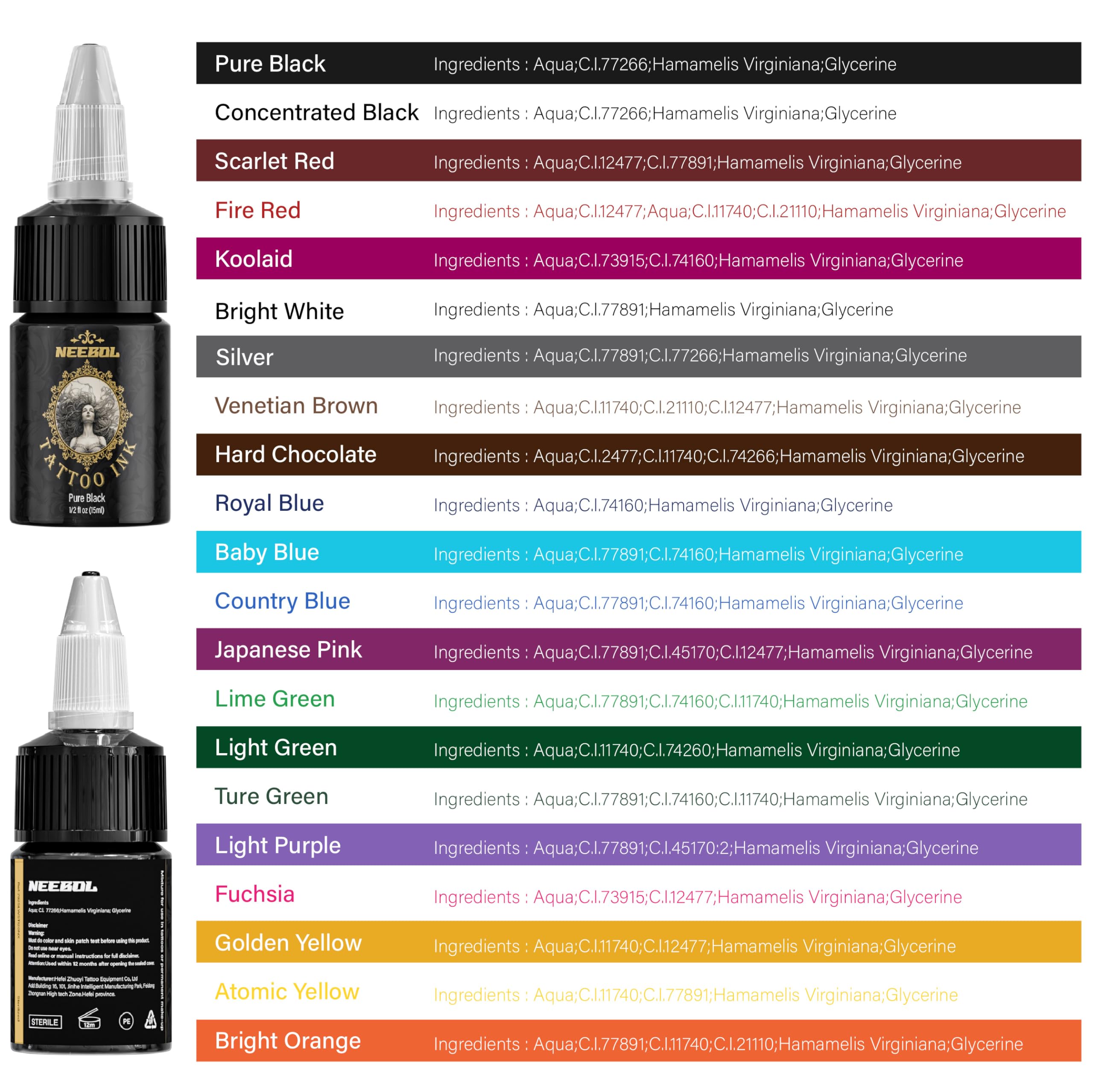 Neebol 21 Colors Tattoo Ink Set – 15ml Bottles for Outlining & Shading