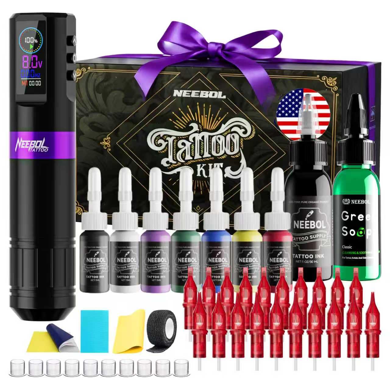 Neebol Wireless Tattoo Gun Kit for Beginners – LED Display, 20 Cartridges, 8 Premium Inks