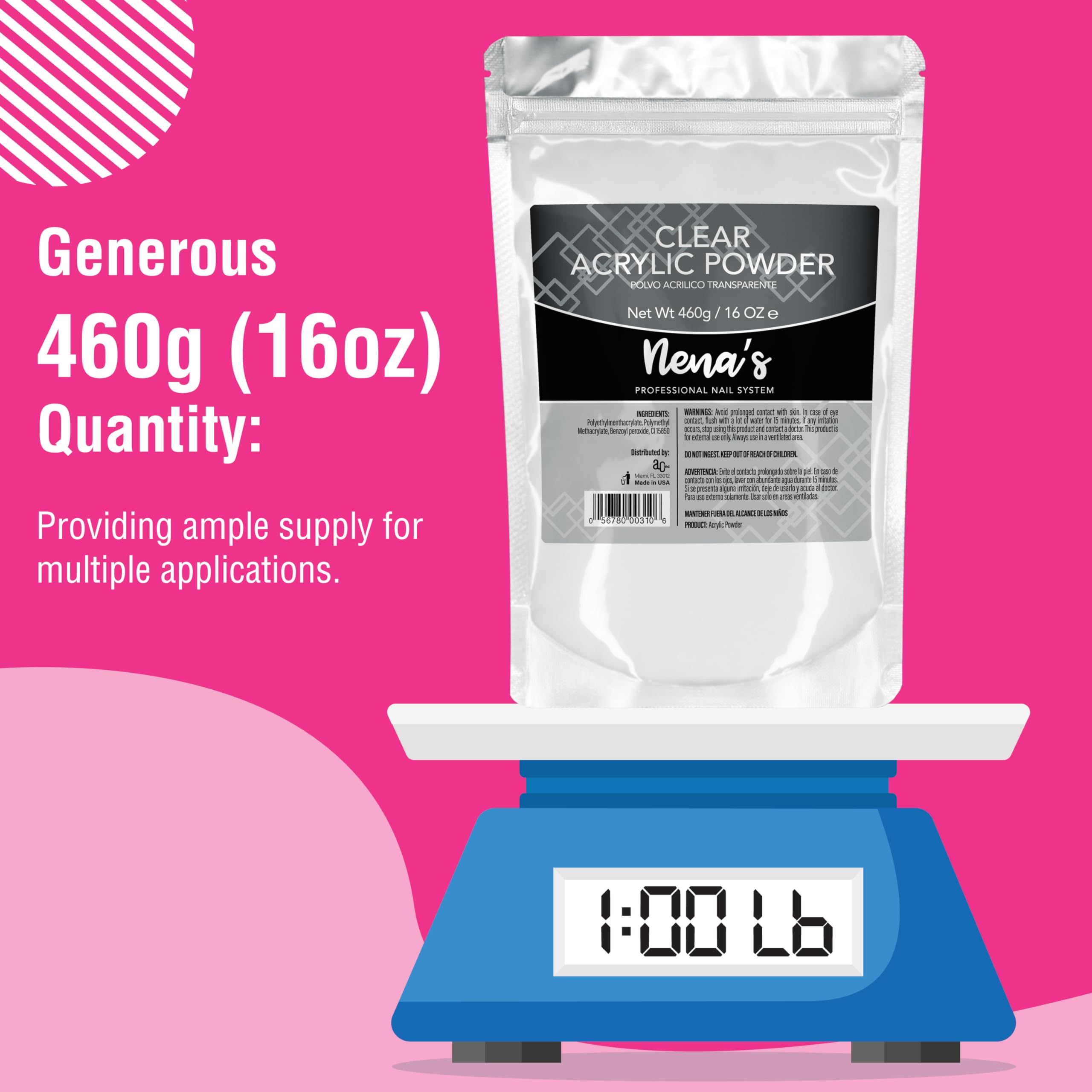 Nena's Superior Sculpting Powder – Clear, Blush Pink & Medium Pink Acrylic Nail System (16 oz / 460 g)