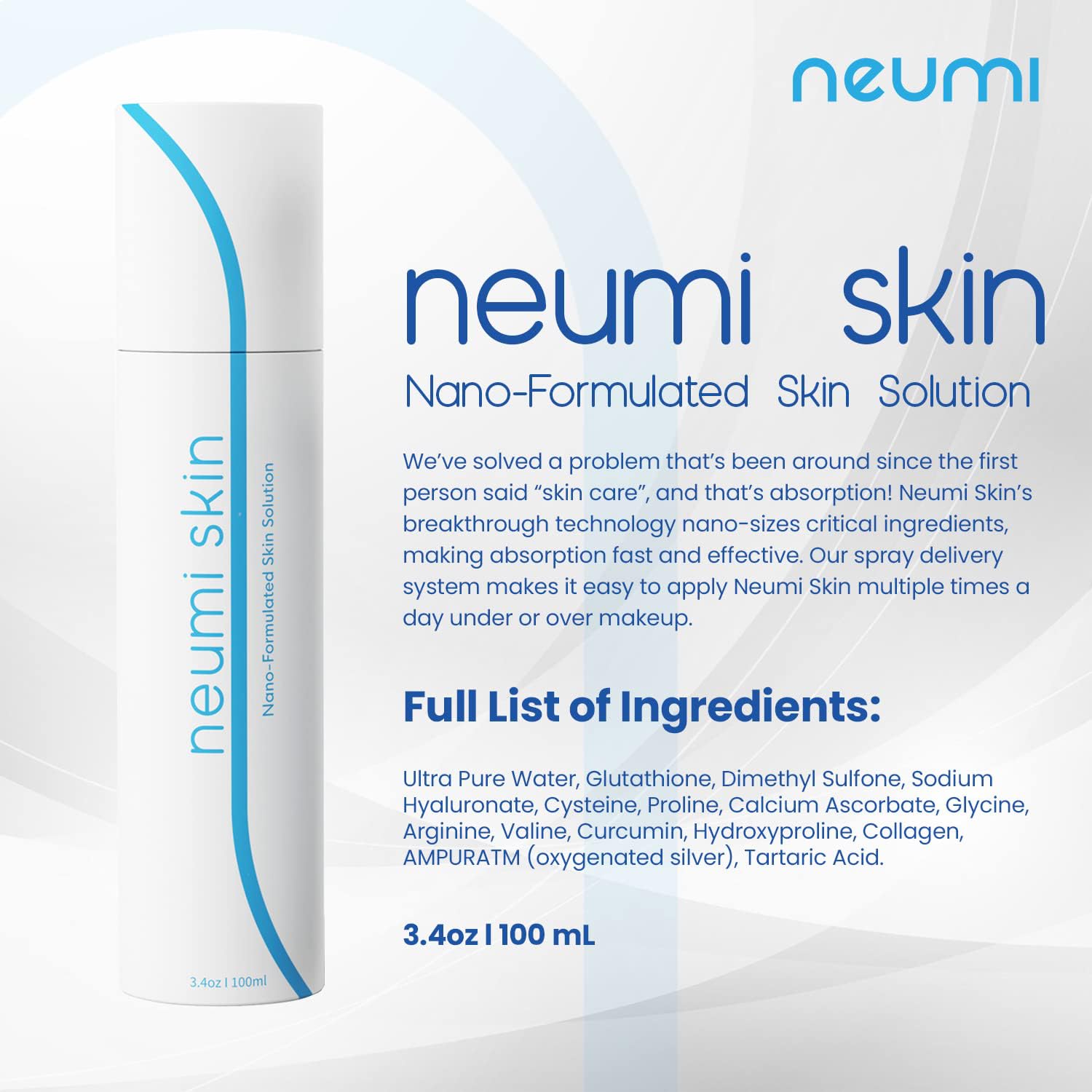 Neumi Skin Facial Spray 3.4 oz – Nano-Formulated with Glutathione, Collagen & Hyaluronic Acid