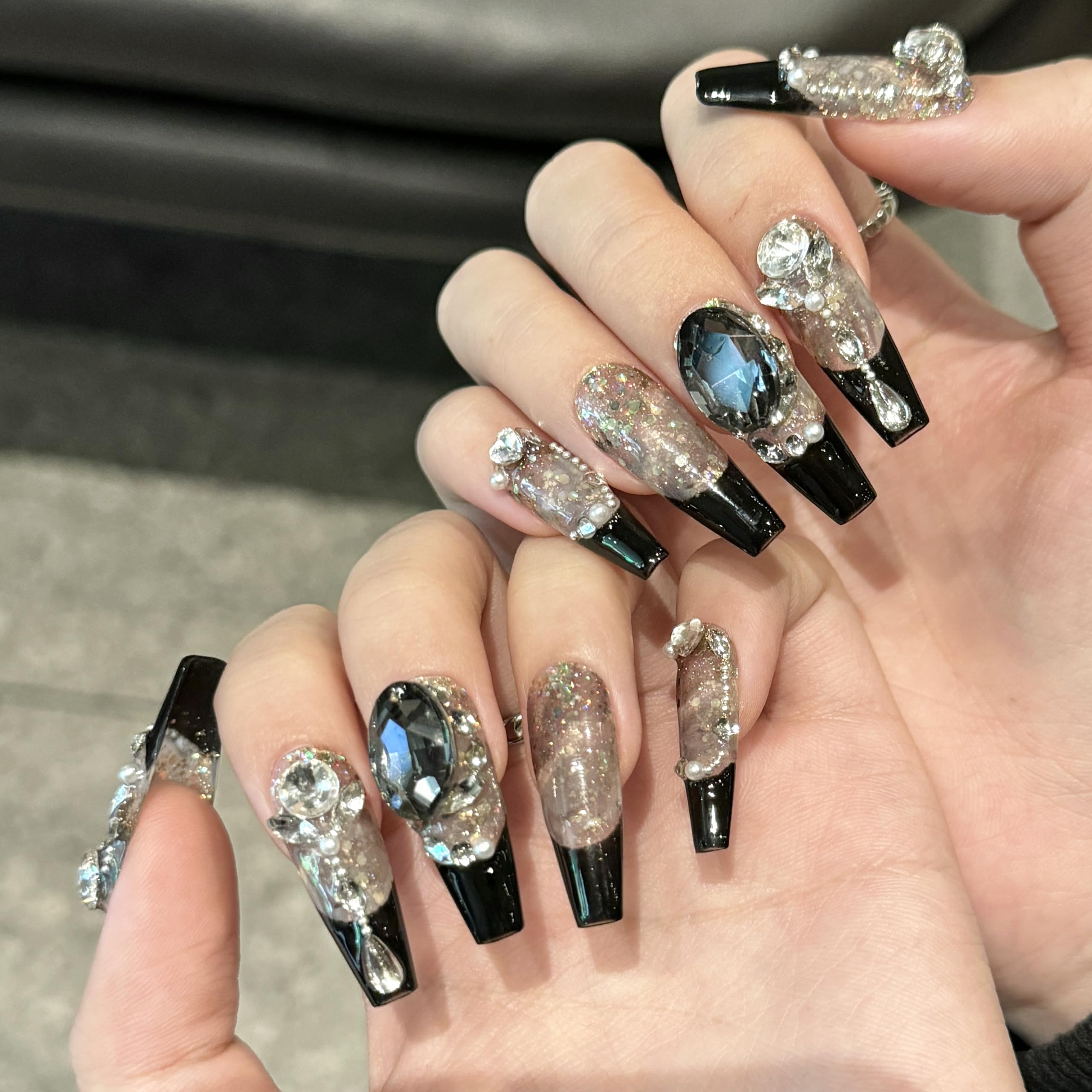NEUQL Handmade Press On Nails - Long Square Reusable Black M | Luxury Nail Kit for Women