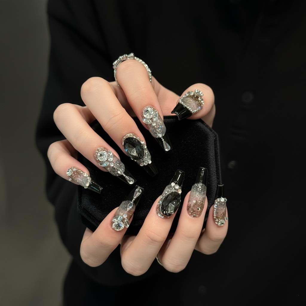 NEUQL Handmade Press On Nails - Long Square, Reusable, Black S | Luxury Nail Kit