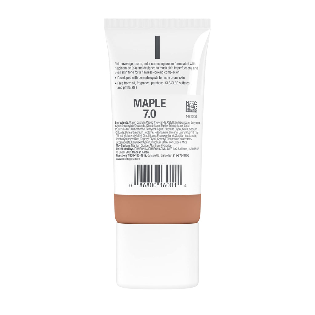 Neutrogena Clear Coverage Flawless Matte CC Cream Maple 7.0 – Full-Coverage, Oil-Free, Fragrance-Free