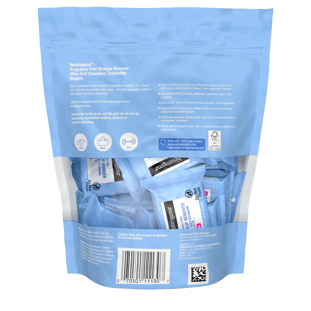 Neutrogena Fragrance-Free Makeup Remover Wipes Singles – Individually Wrapped, Travel-Ready, 20 ct