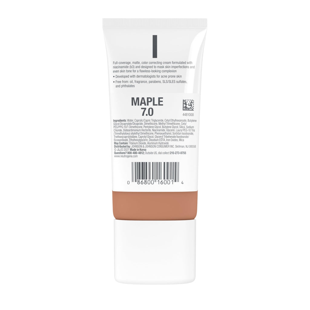 Neutrogena Clear Coverage Flawless Matte CC Cream Maple 7.0 – Full-Coverage, Oil-Free, Fragrance-Free