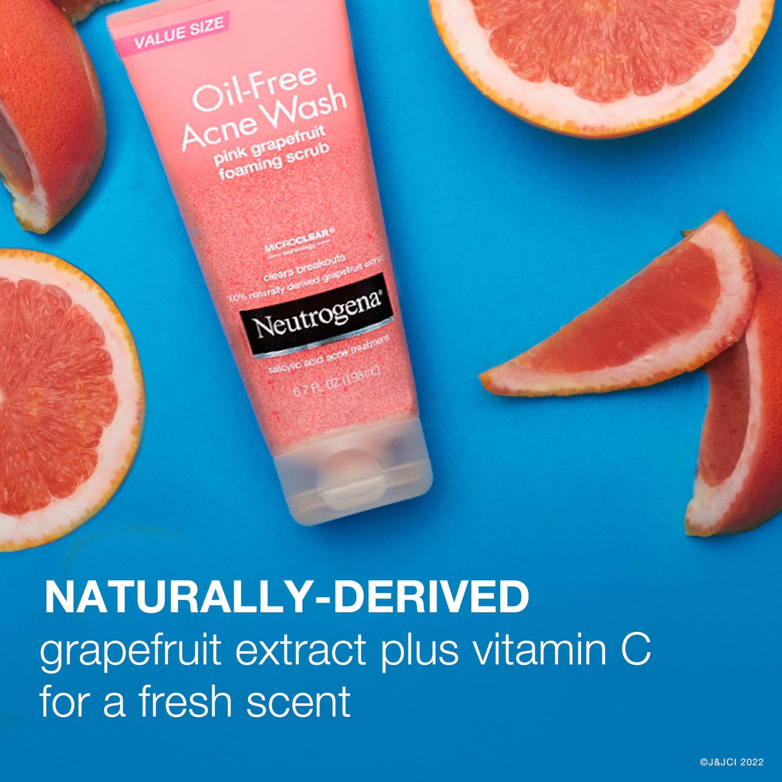 Neutrogena Oil-Free Pink Grapefruit Acne Face Wash with Vitamin C, 2% Salicylic Acid, Foaming Scrub, 6.7 fl oz, 3-Pack