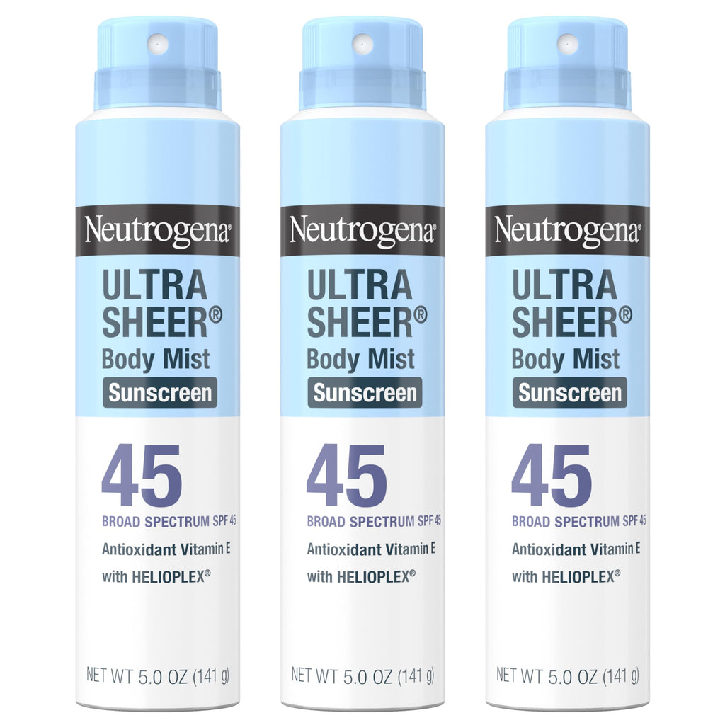 Neutrogena Ultra Sheer Body Mist Sunscreen Spray SPF 45 – Non-Greasy, Water-Resistant 3-Pack (5 oz each)
