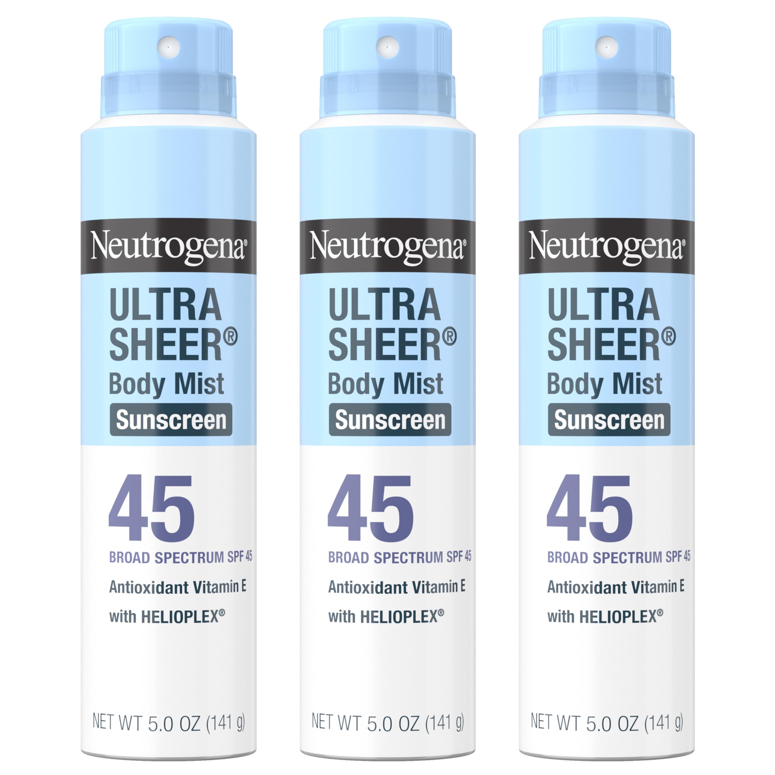 Neutrogena Ultra Sheer Body Mist Sunscreen Spray SPF 45 – Non-Greasy, Water-Resistant 3-Pack (5 oz each)