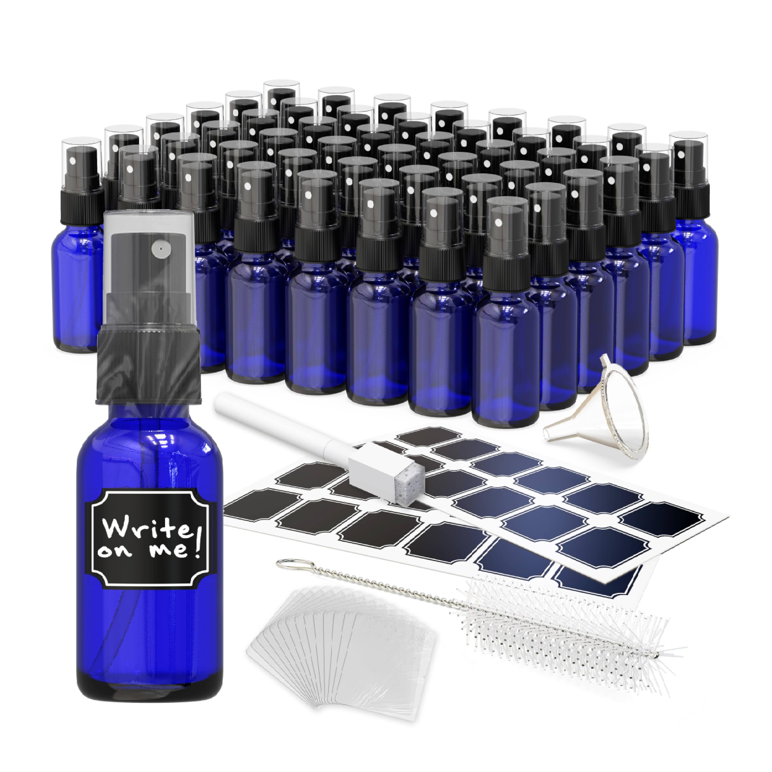Nevlers Cobalt Blue Glass 1 Oz Spray Bottle Set – 48-Pack with Labels & Accessories