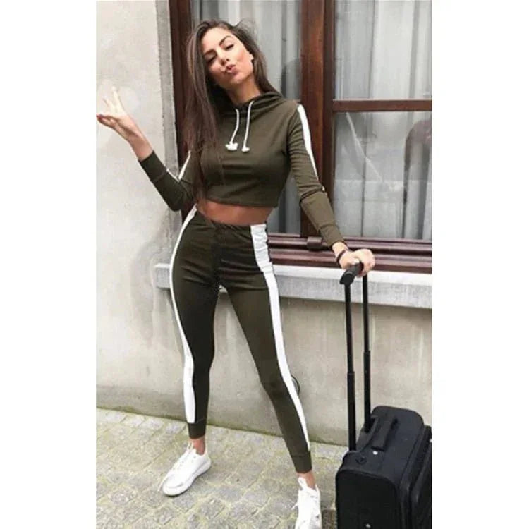 Ladies Work Out Crop Hoodie Joggers Set with Gym Suit - 3-Piece Ladies Tracksuit Set