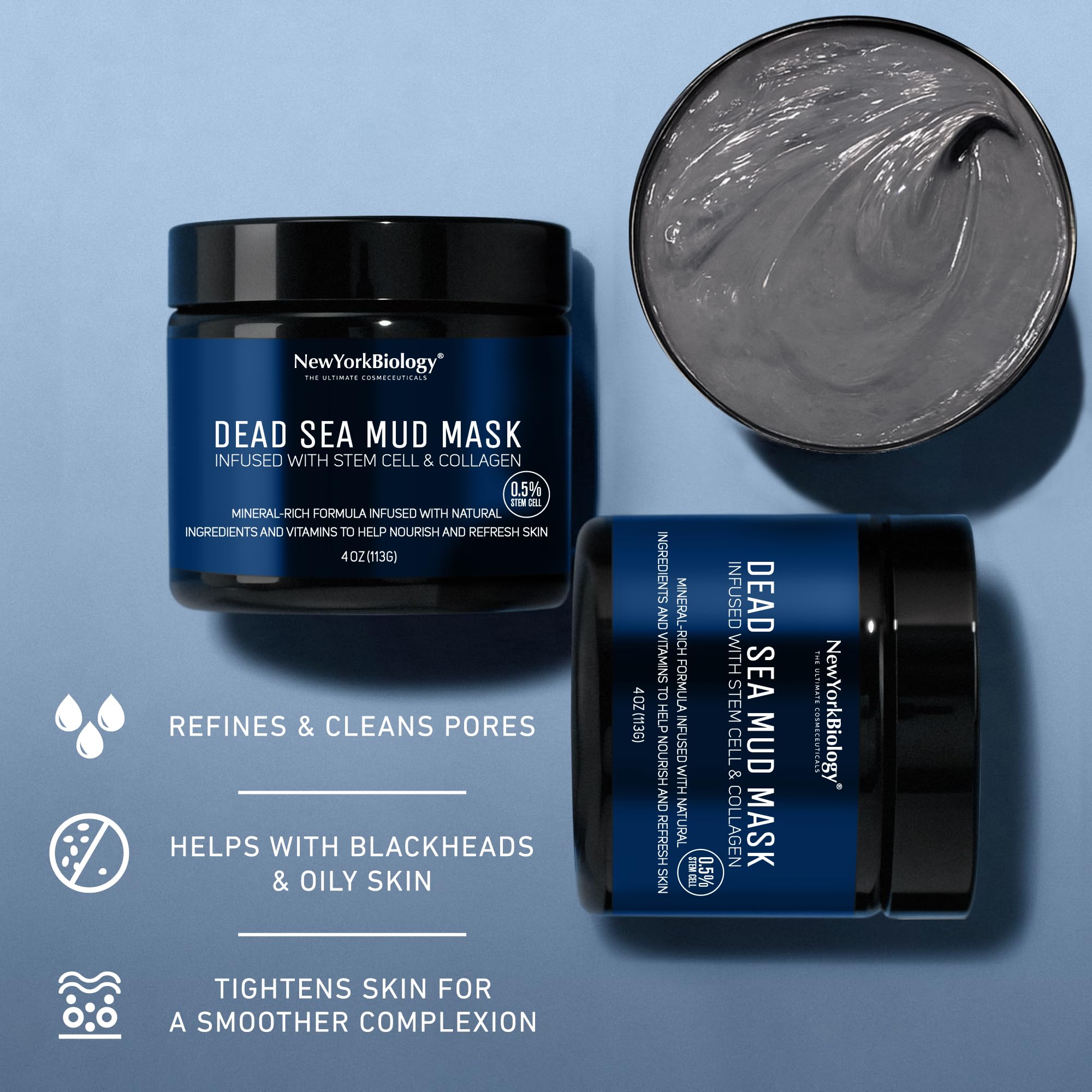 New York Biology Dead Sea Mud Mask – Face & Body, Stem Cell & Collagen, Pore Refiner | 4 oz Pack of 2